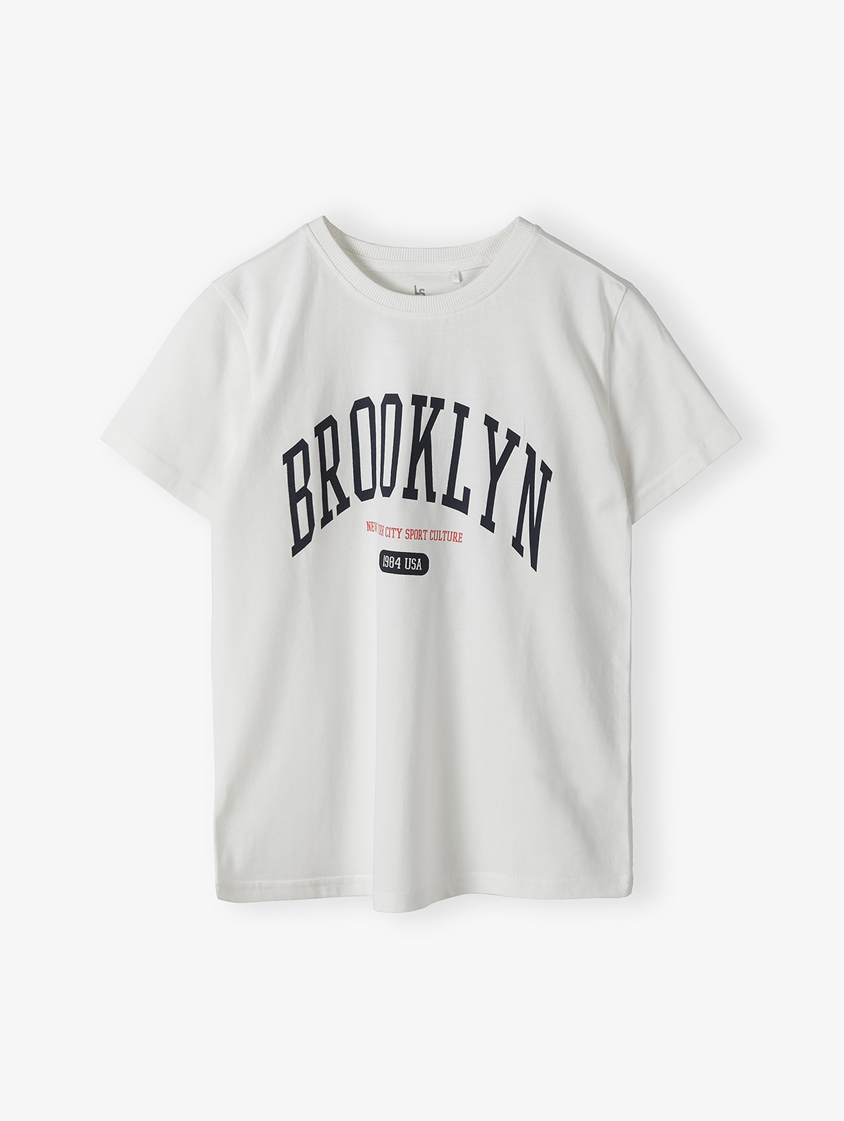 Bawełniany biały t-shirt dla chłopca z napisem Brooklyn - Lincoln&Sharks