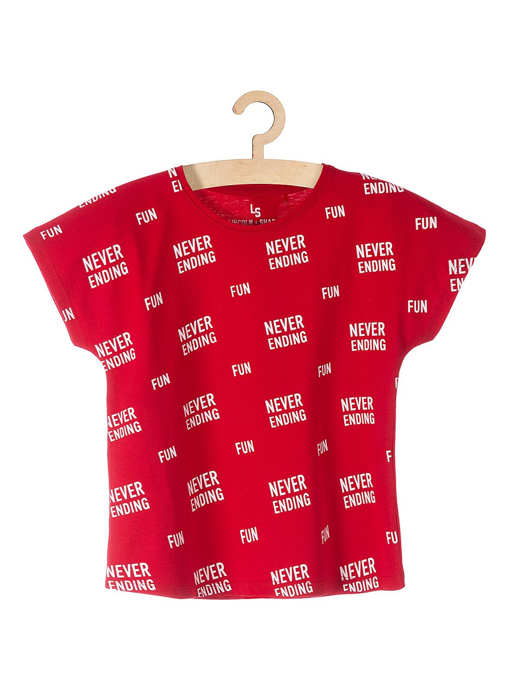 T-shirt dziewczęcy czerwony z białymi napisami- Never Ending