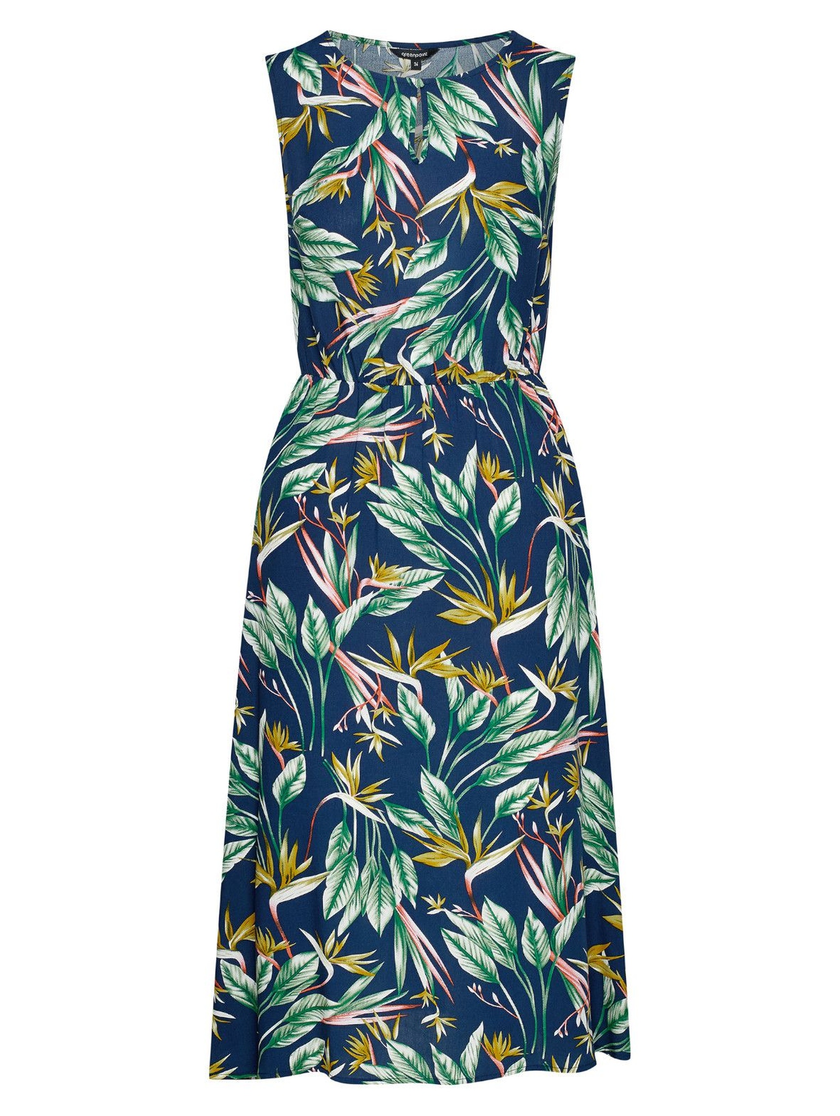 Wiskozowa sukienka z roślinnym nadrukiem podkreślona talia