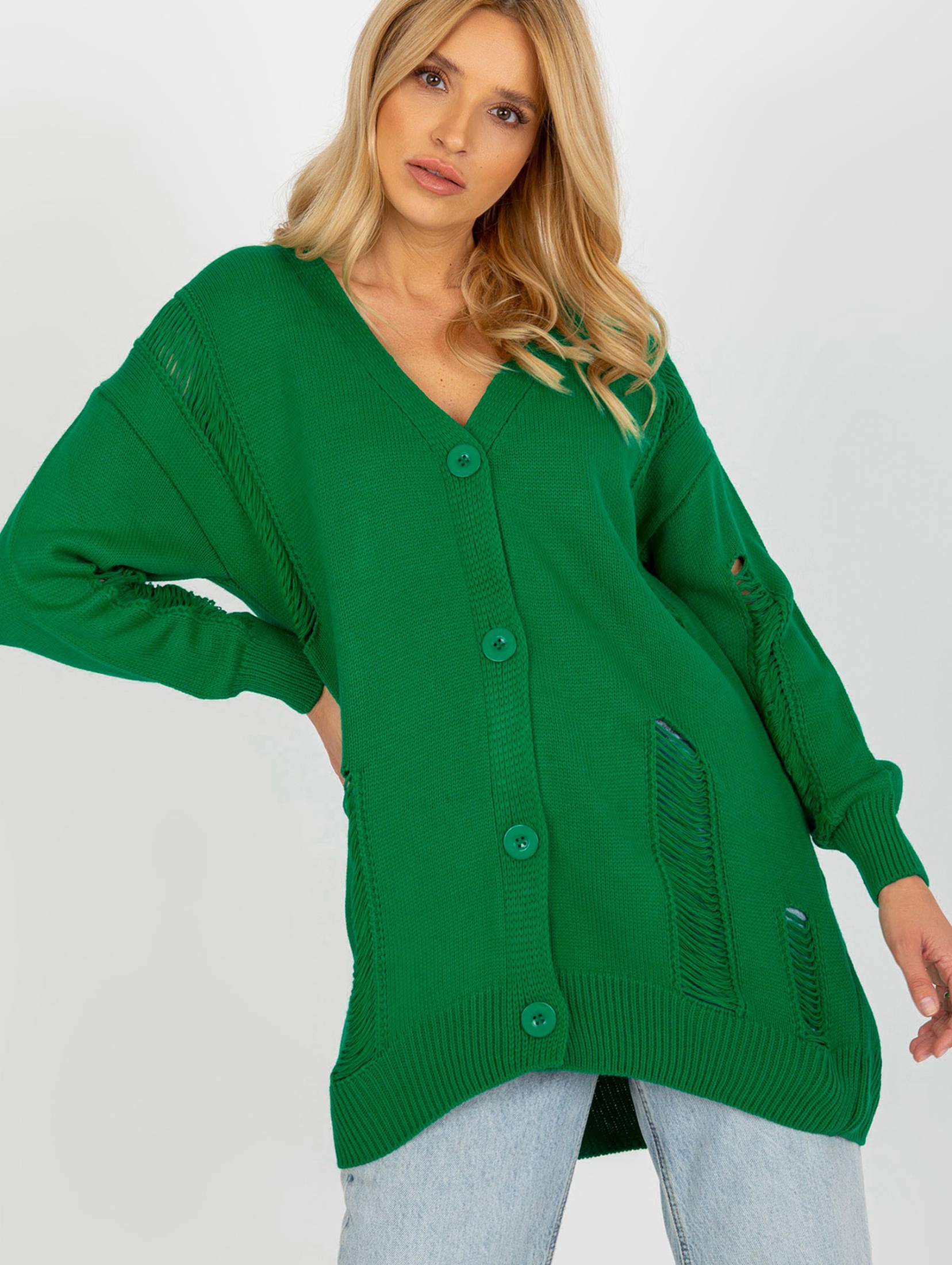 Sweter rozpinany oversize z dziurami RUE PARIS - zielony