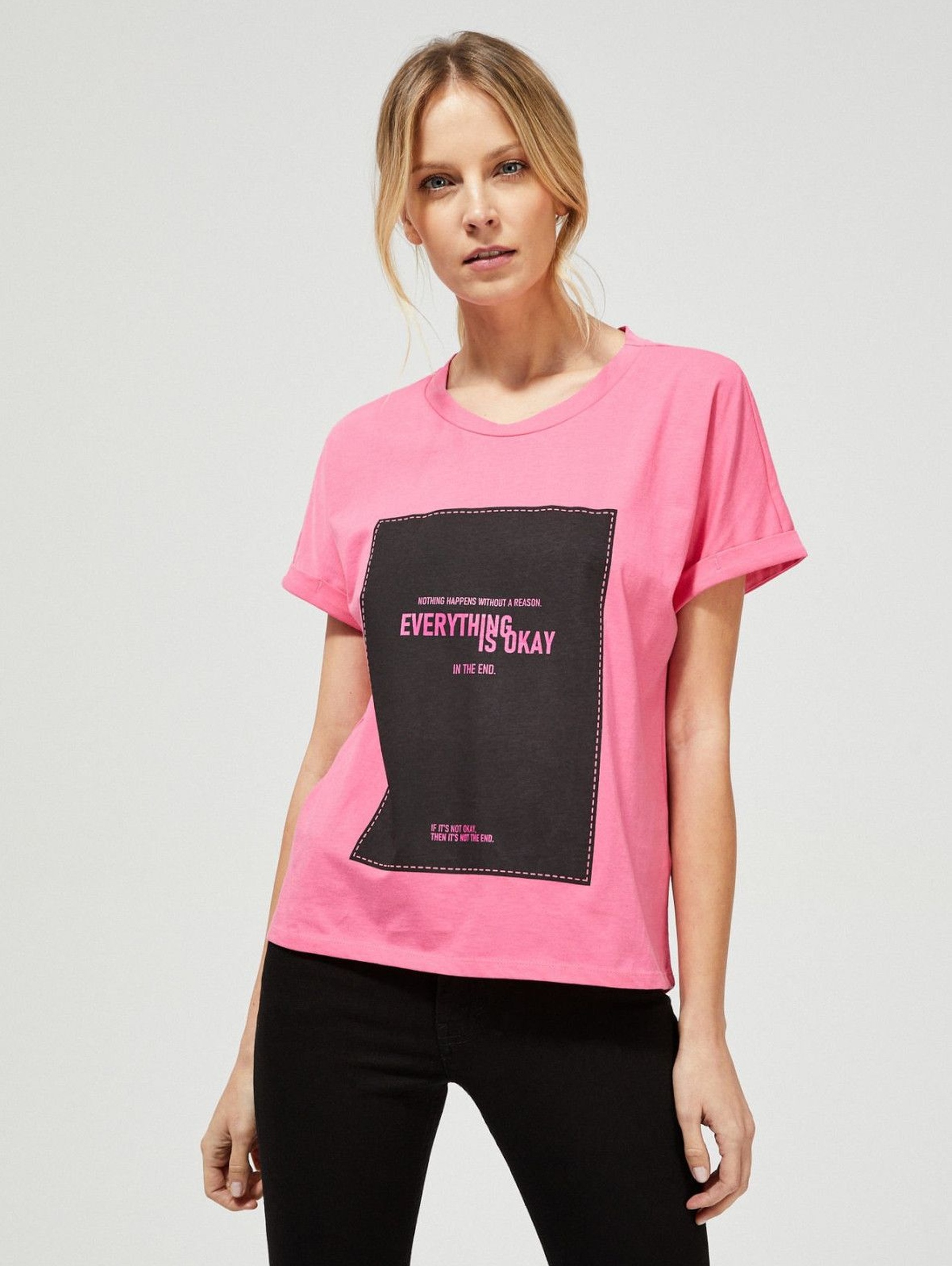 Bawełniany różowy T-shirt damski na krótki rękaw z napisami