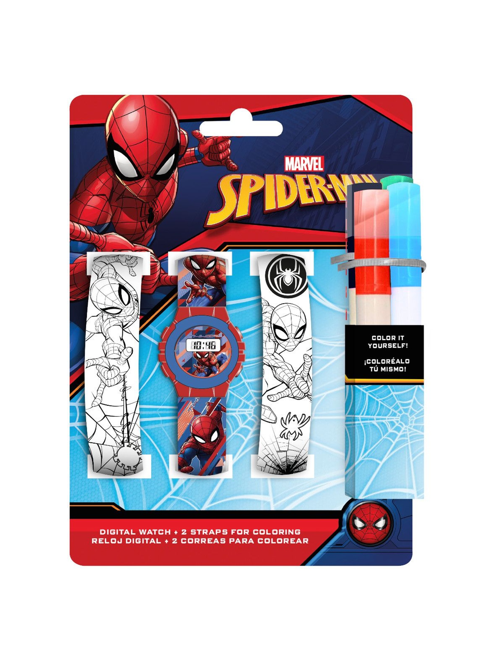 Zegarek cyfrowy z paskami do kolorowania i markerami Spiderman