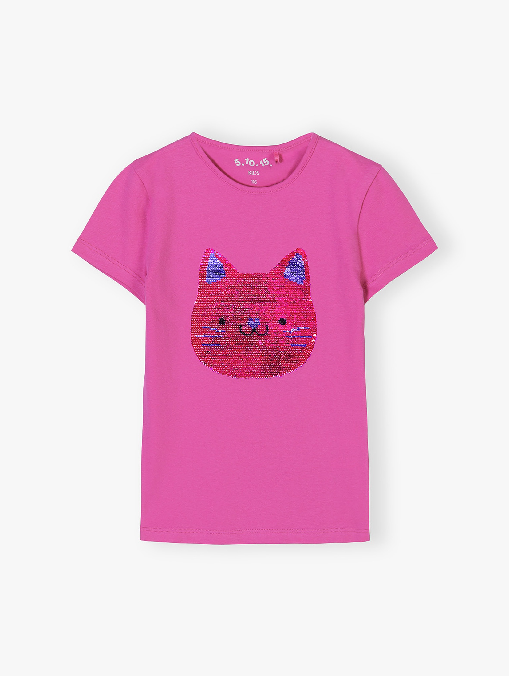T-shirt dziewczęcy z kotkiem z cekinów - magenta