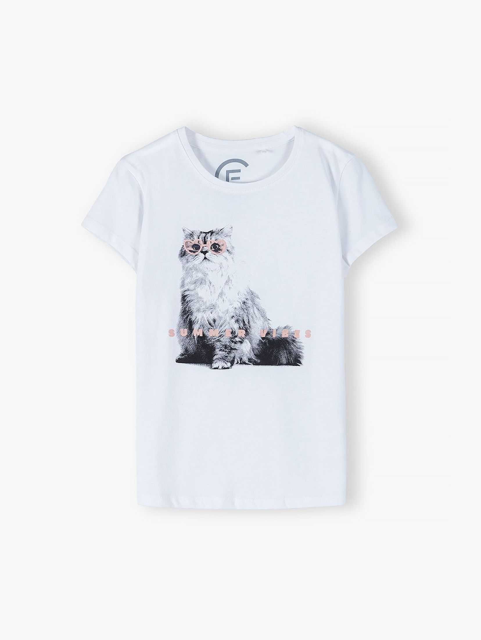 Bawełniany biały T-shirt dziewczęcy z kotem- ubrania dla całej rodziny