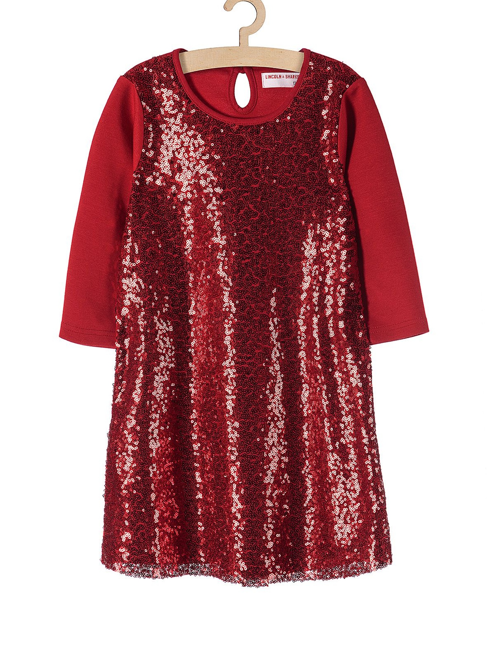 Elegancka świąteczna sukienka dla dziewczynki- czerwona z cekinami z przodu