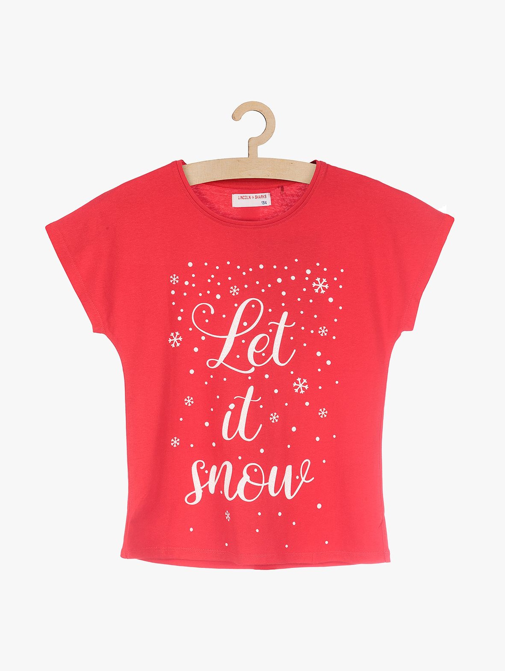 Czerwony t-shirt dla dziewczynki z napisem Let it snow
