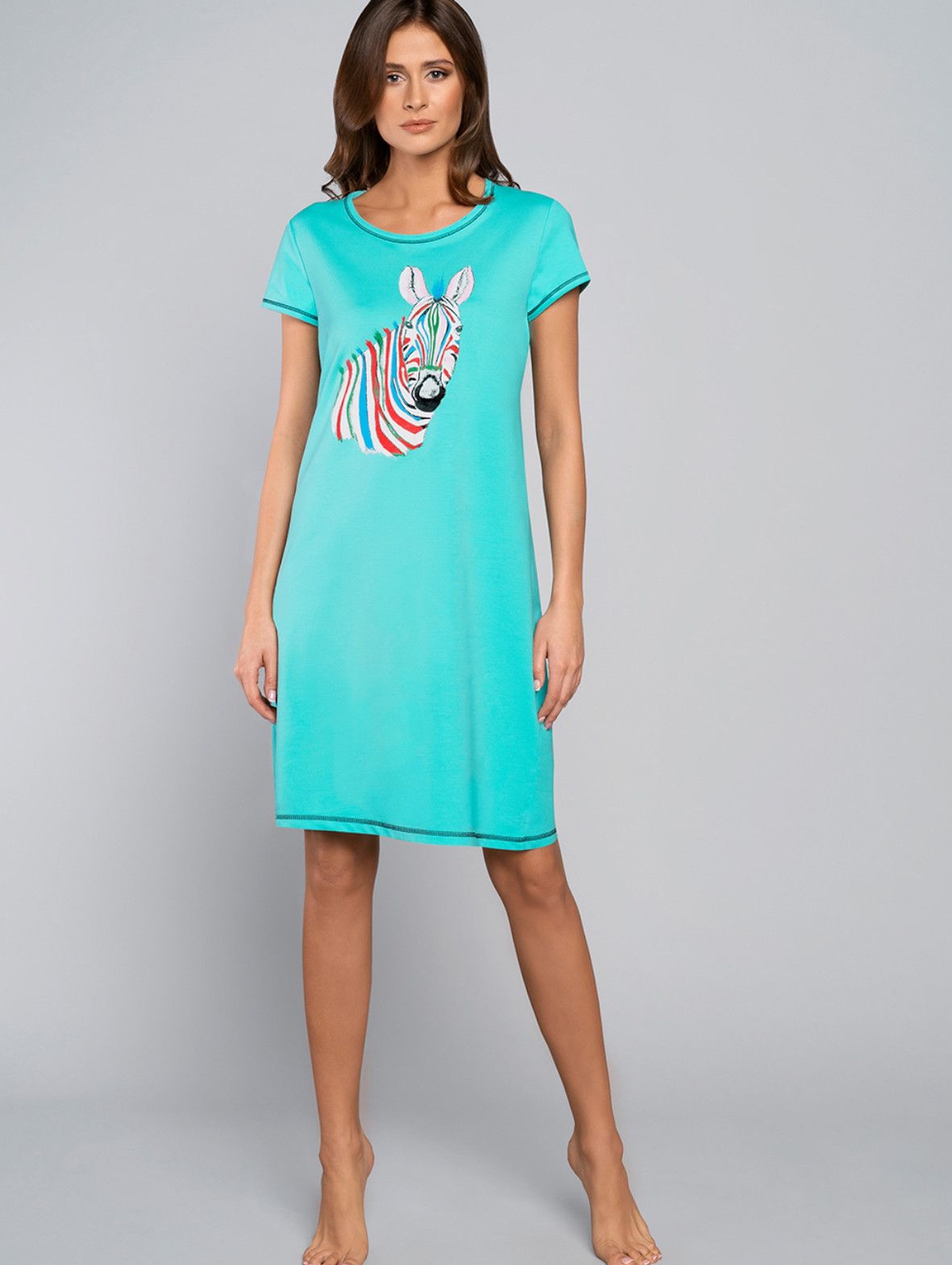 Bawełniana koszula nocna damska z zebrą - turkusowa