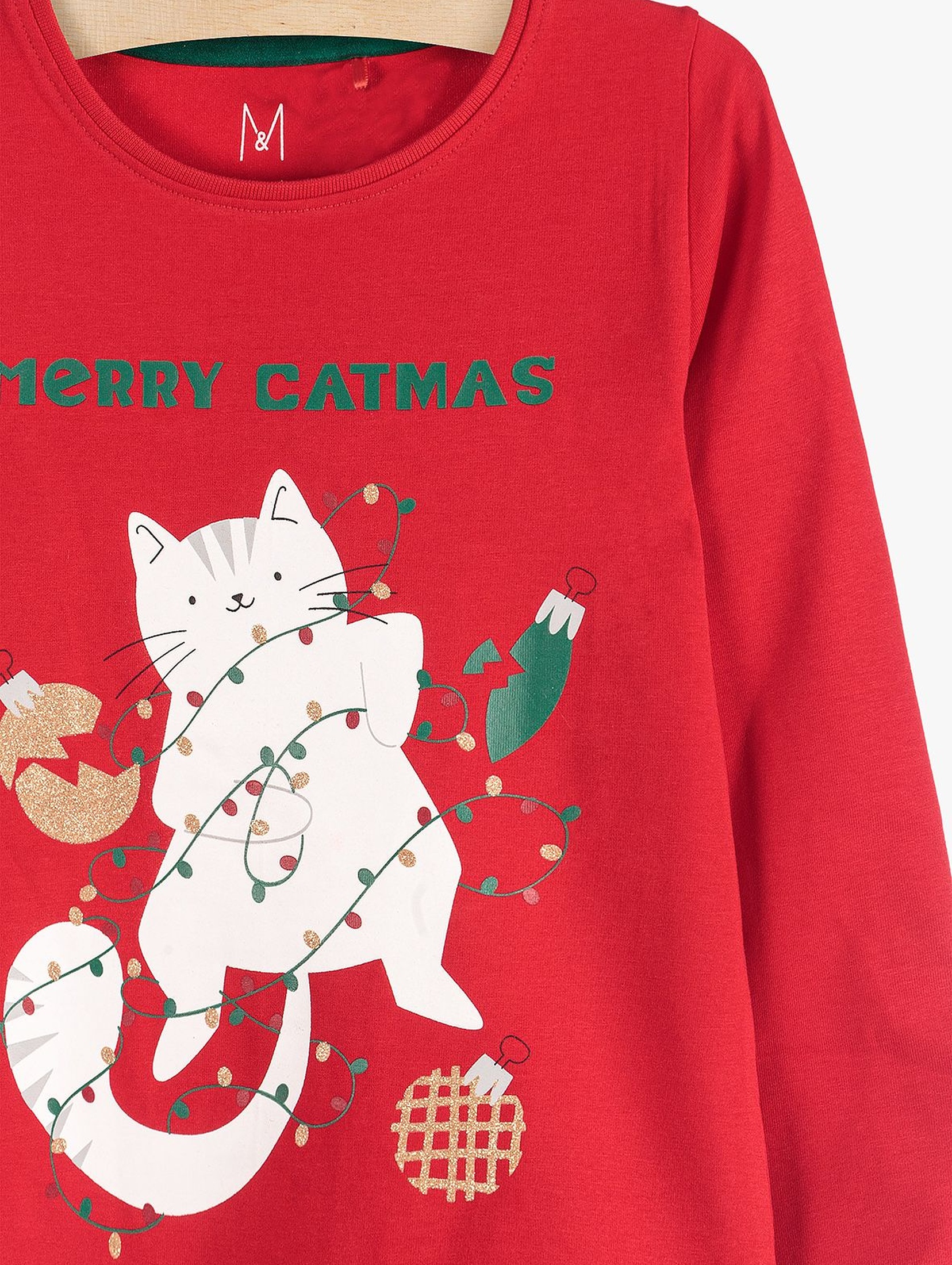 Bluzka świąteczna dla dziewczynki - czerwona z kotem