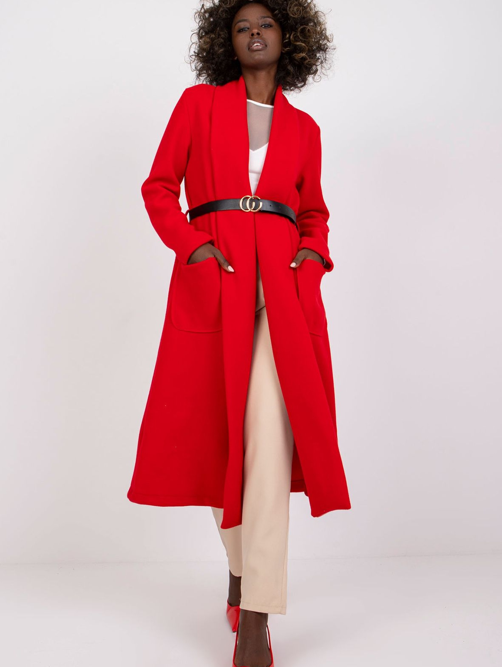 Długi płaszcz damski z kieszeniami - czerwony