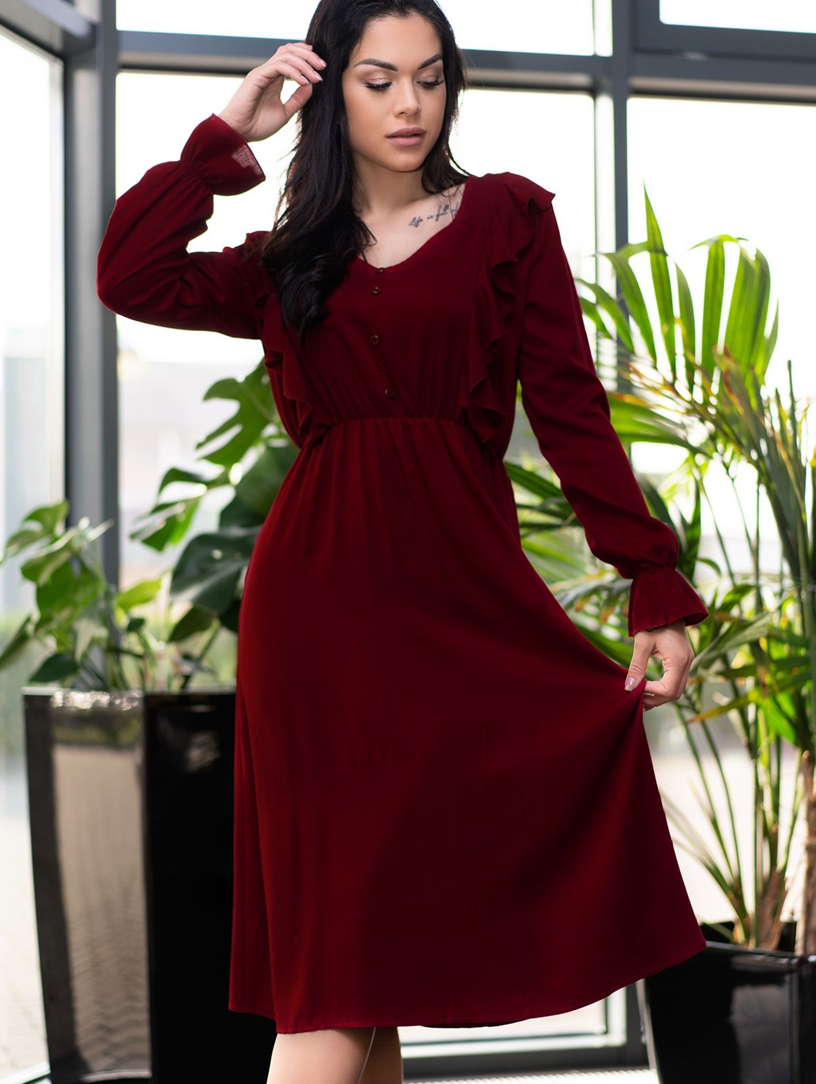 Sukienka Merribel Ratsim Cherry z długim rękawem - bordowa
