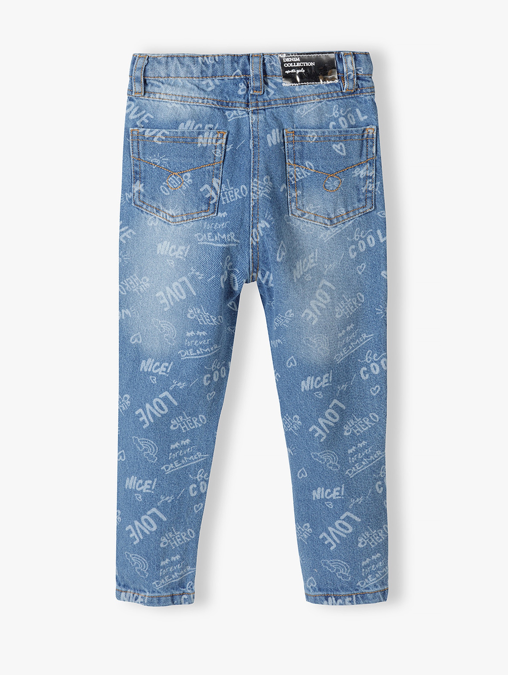 Jasnoniebieskie spodnie jeansowe dziewczęce z napisami