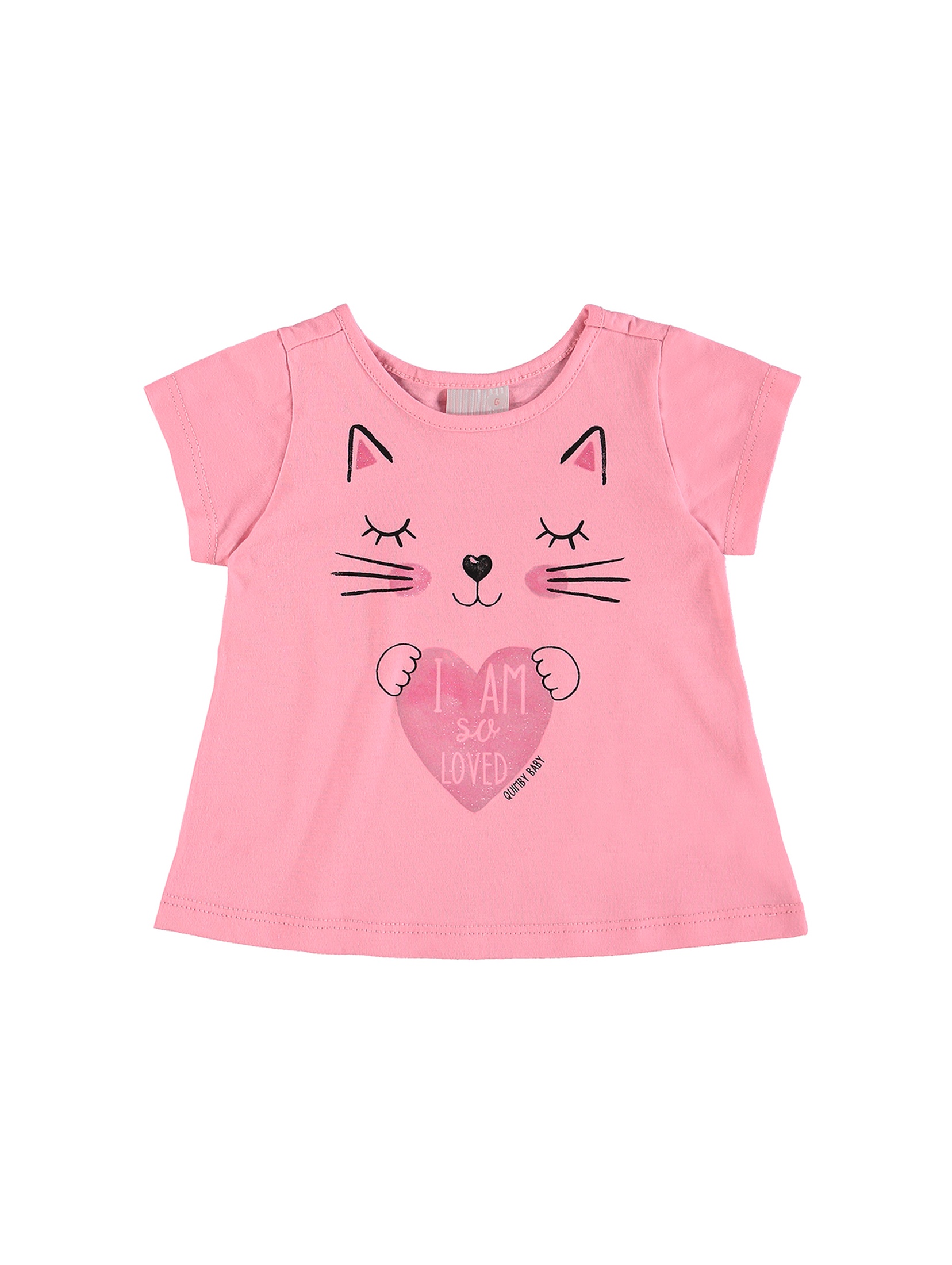 Różowy bawełniany t-shirt niemowlęcy z kotkiem