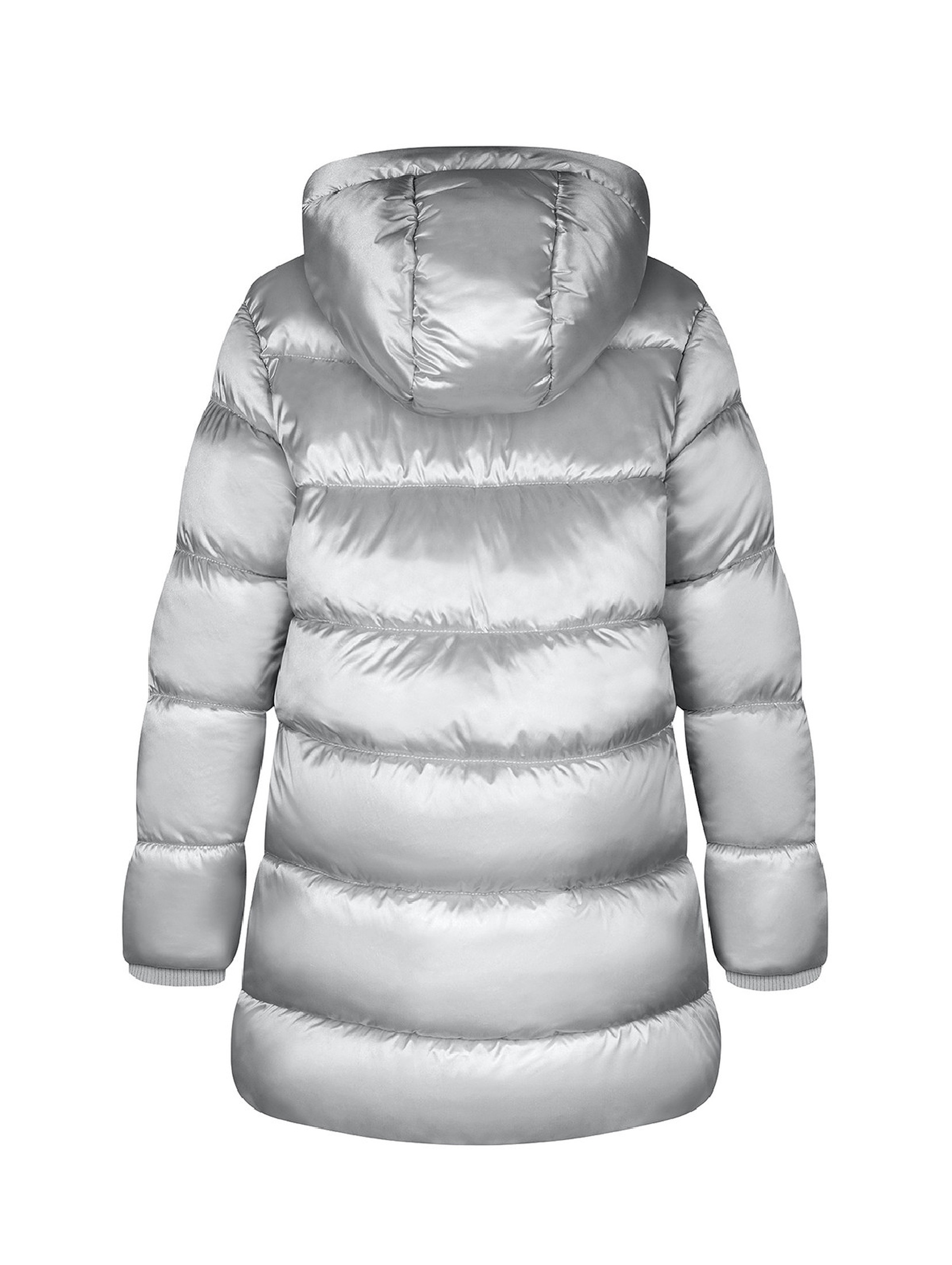 Ciepły niemowlęcy płaszcz pikowany typu puffer z kapturem- srebrny