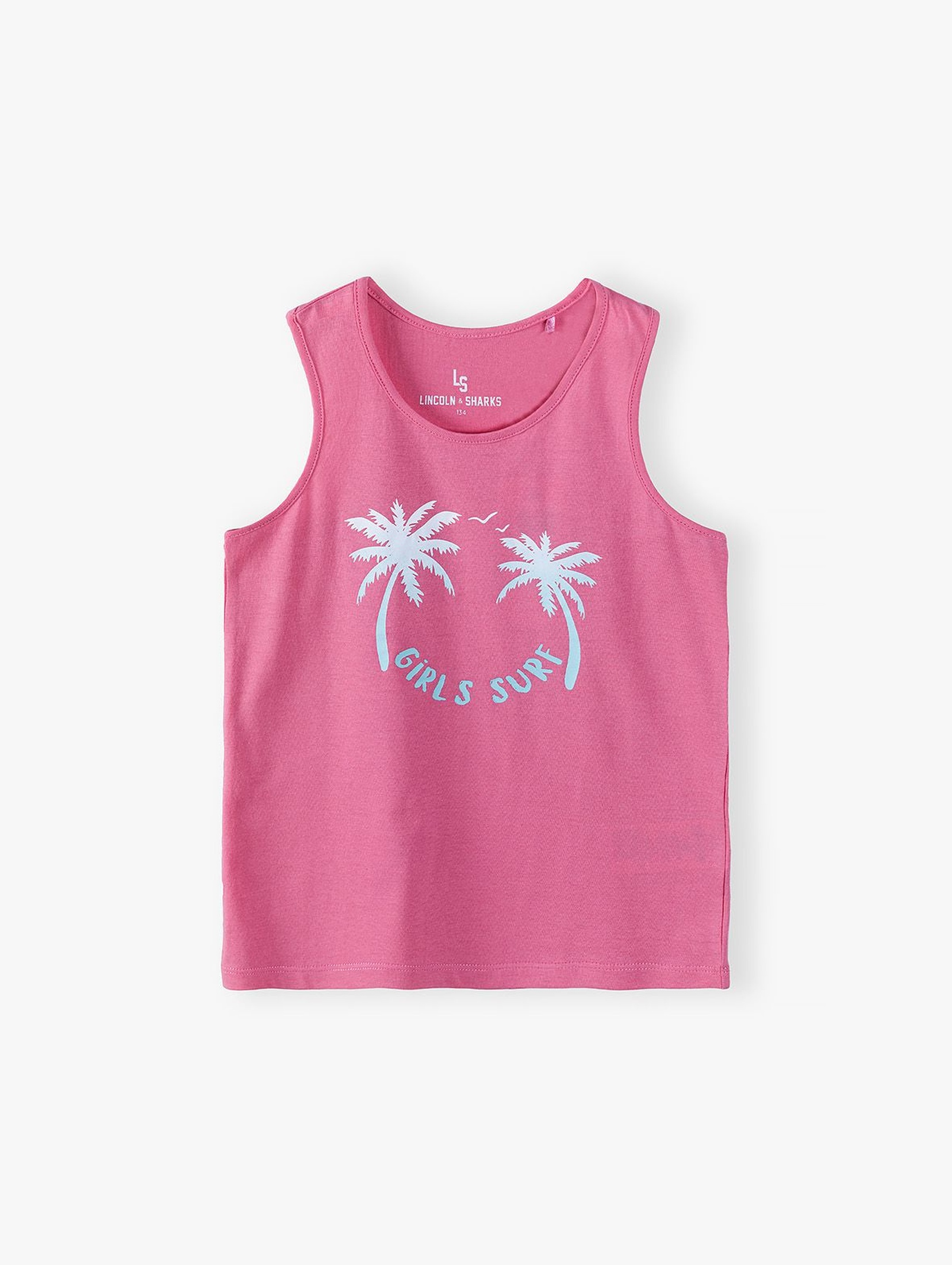 Bawełniany T-shirt bez rękawów z miękką grafiką dla dziewczynki - różowy