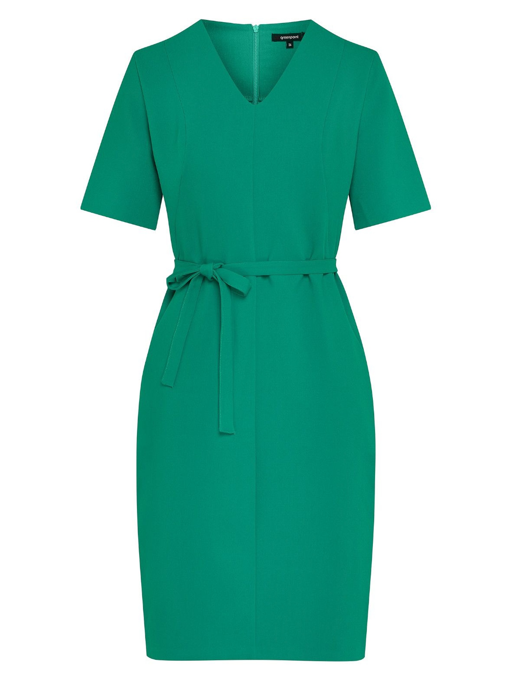 Zielona dopasowana sukienka z paskiem dekolt V