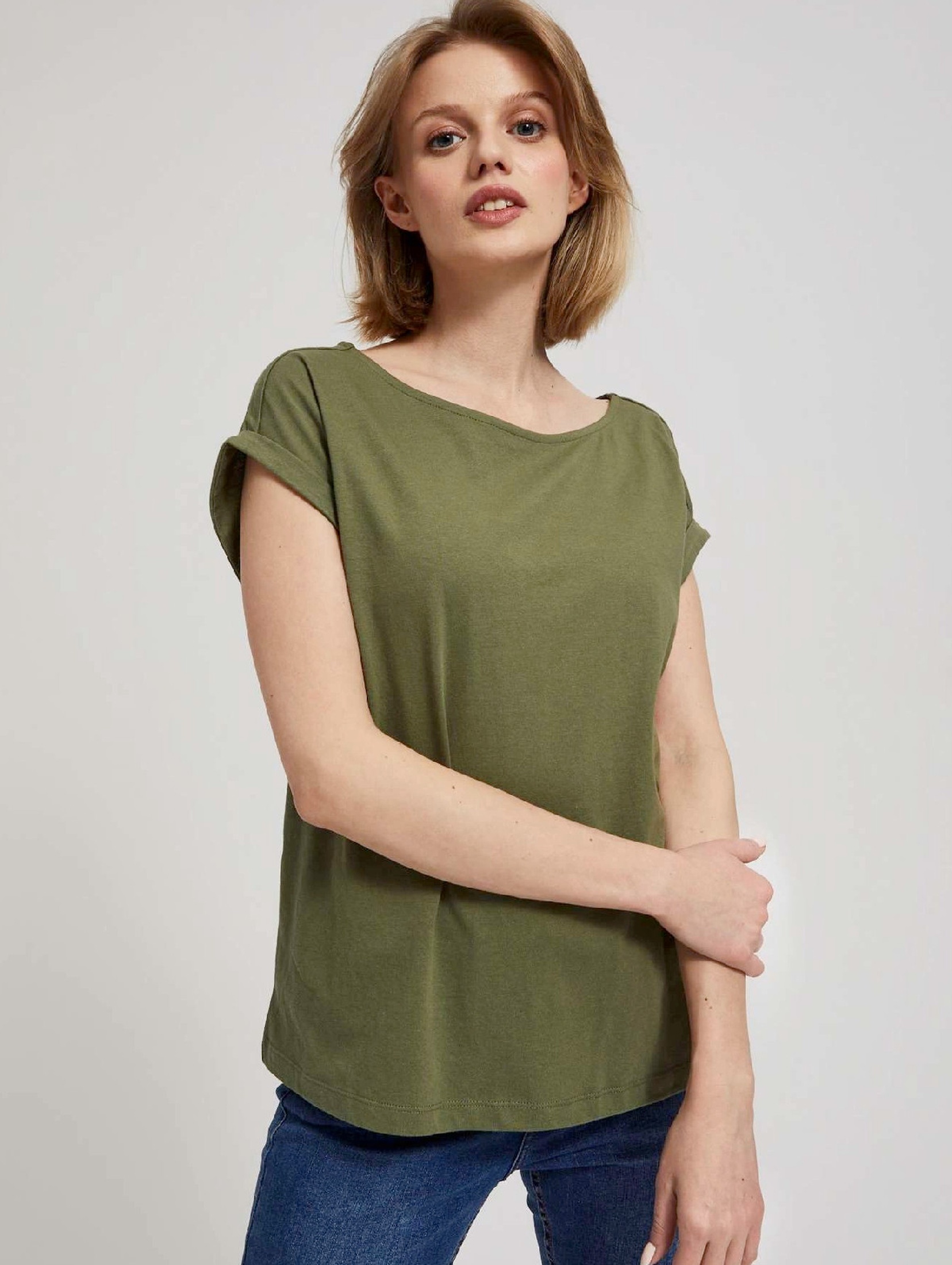 Bawełniany t-shirt damski gładki- oliwkowy