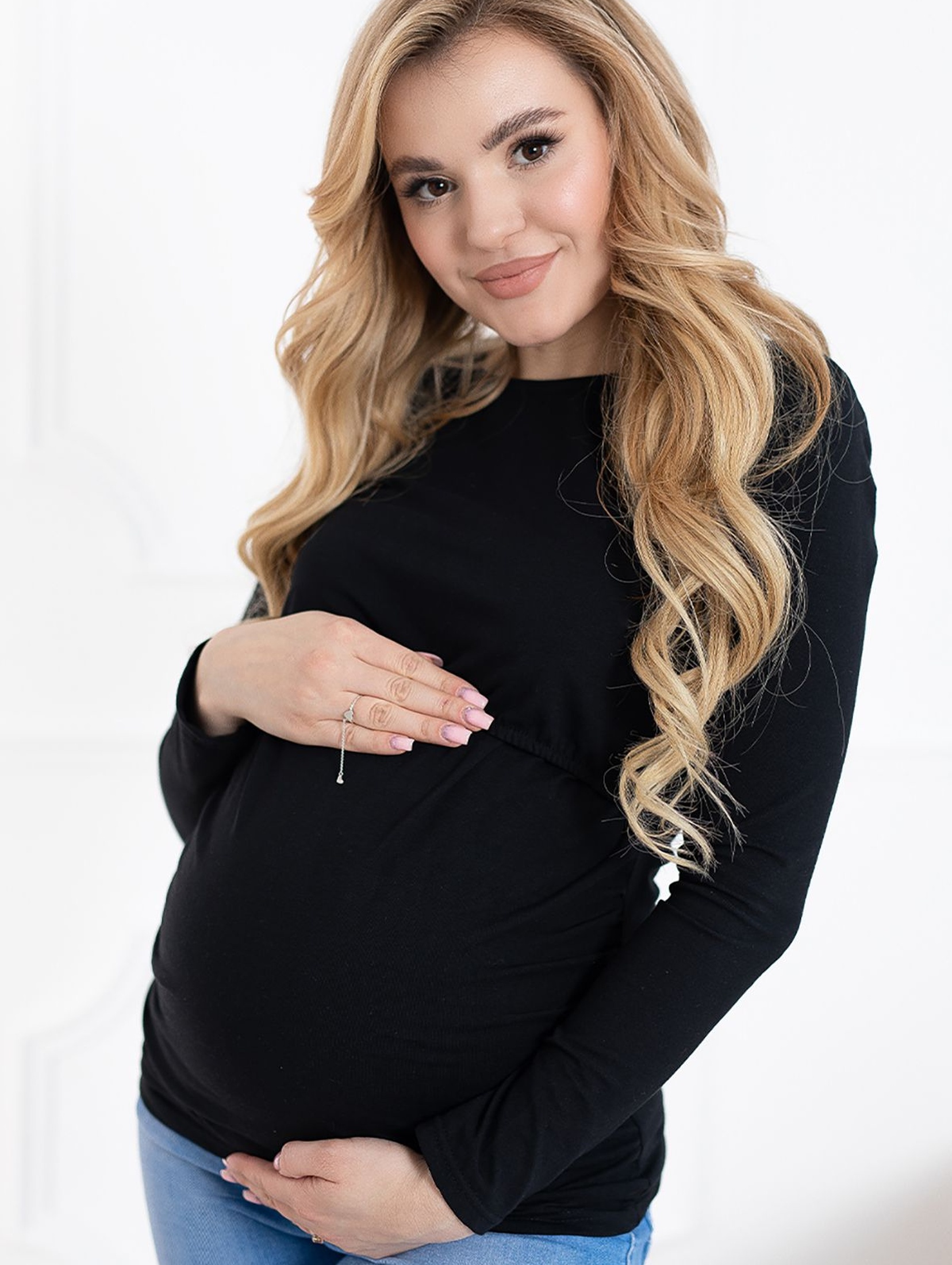 Bawełniana bluzka z długim rękawem dla kobiet w ciąży - czarna