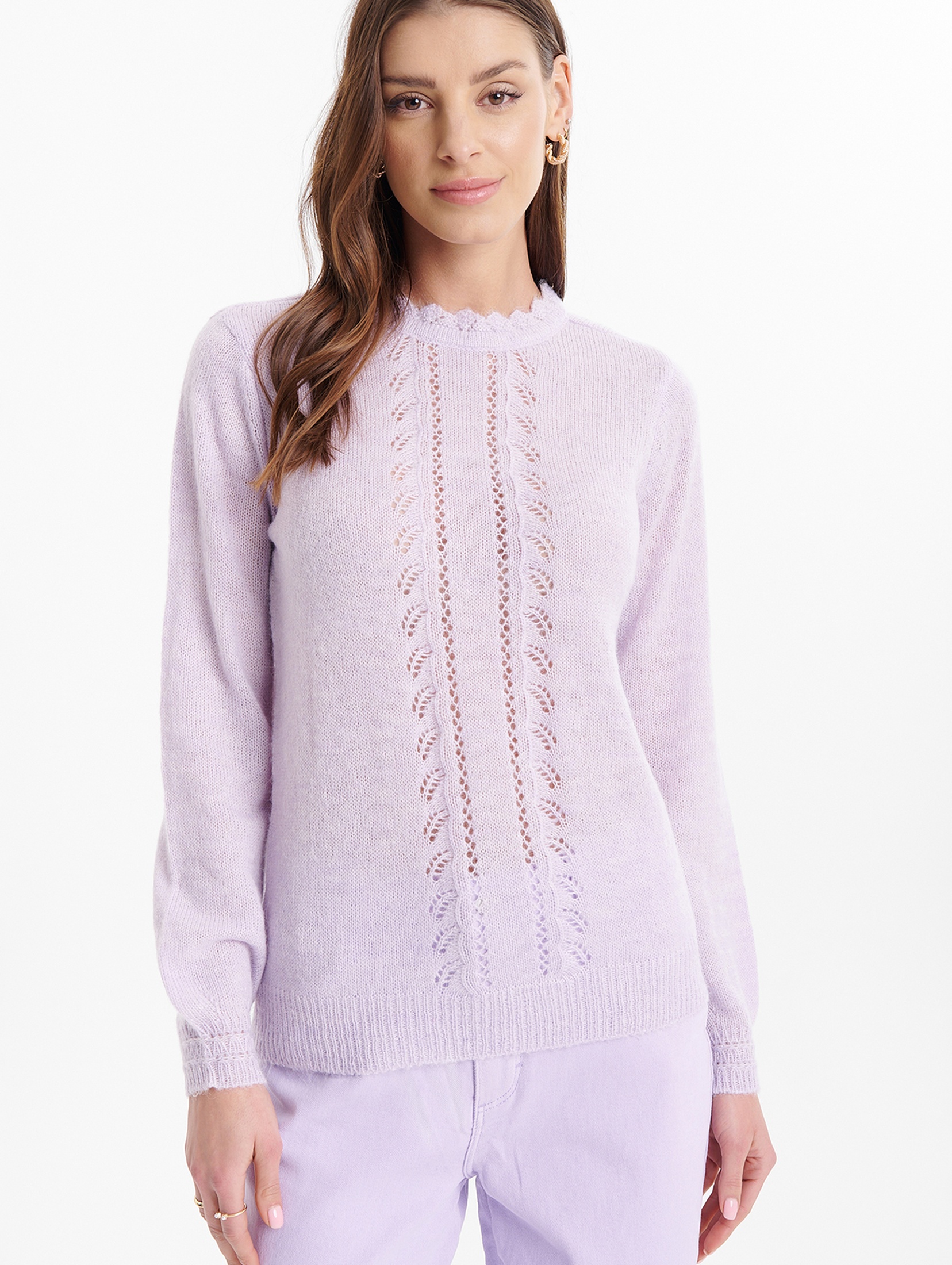 Ażurowy sweter damski fioletowy
