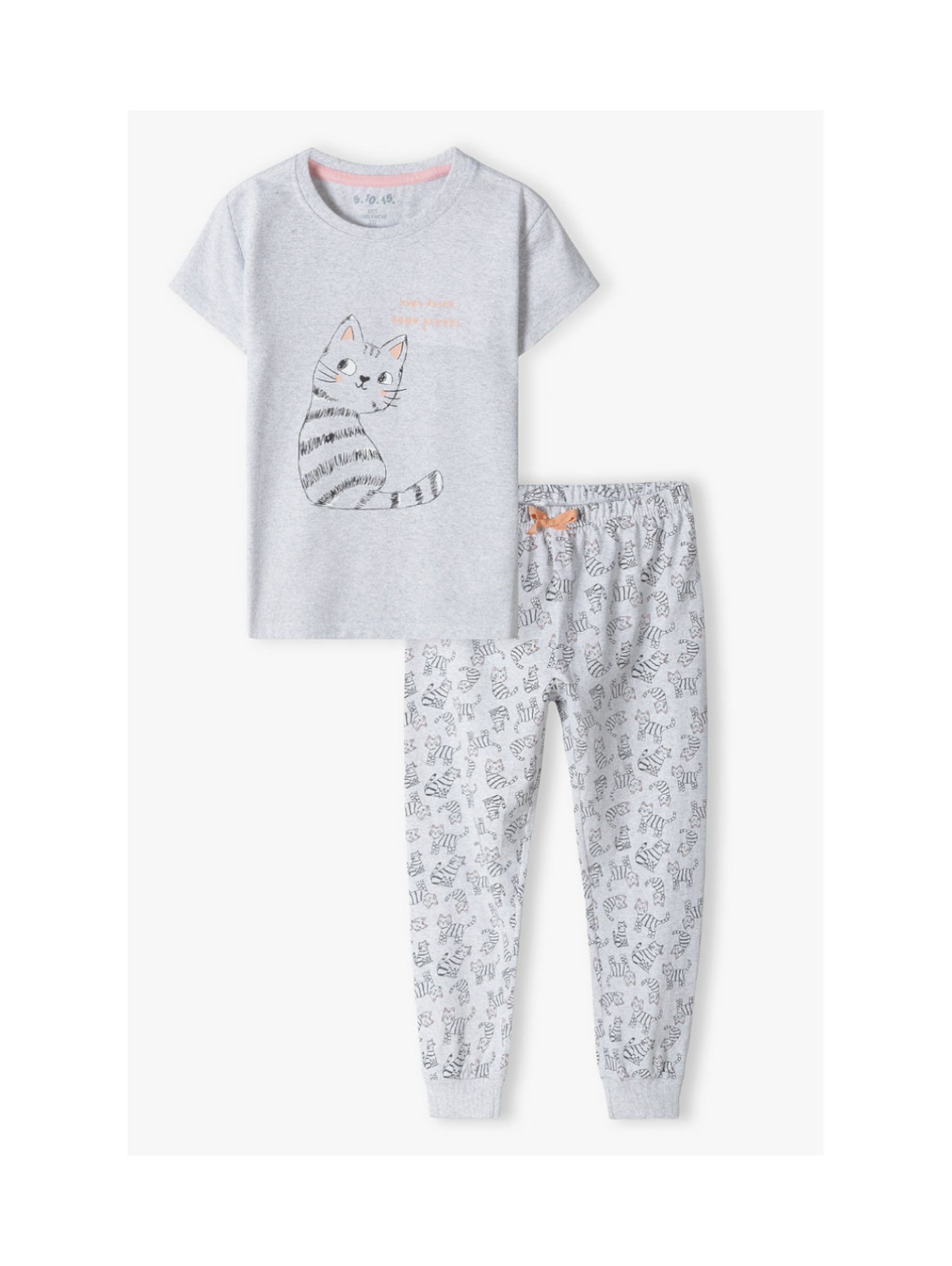 Dwuczęściowa piżama dla dziewczynki - t-shirt + długie spodnie w kotki - szara