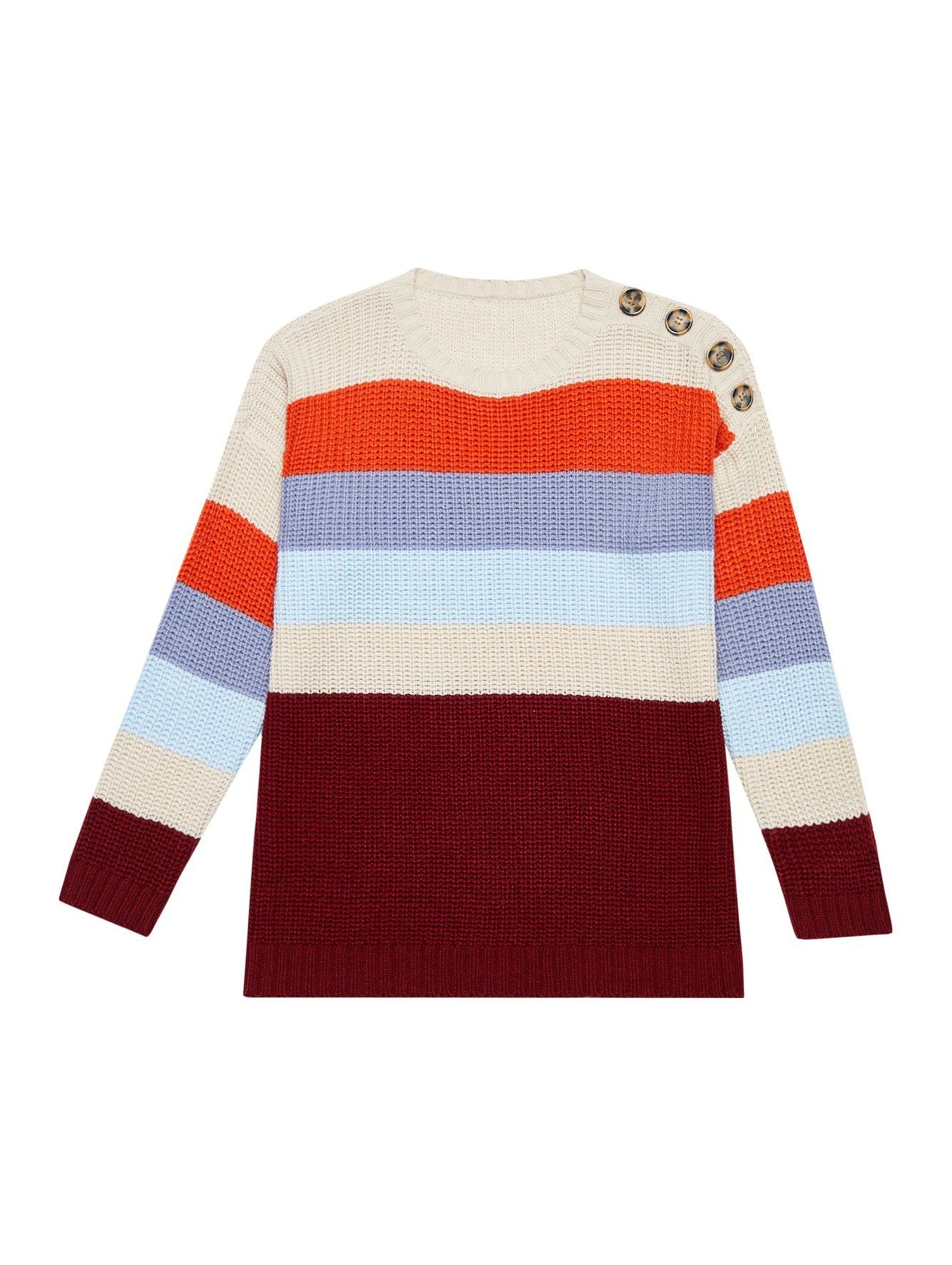 Kolorowy sweter damski z ozdobnymi guzikami