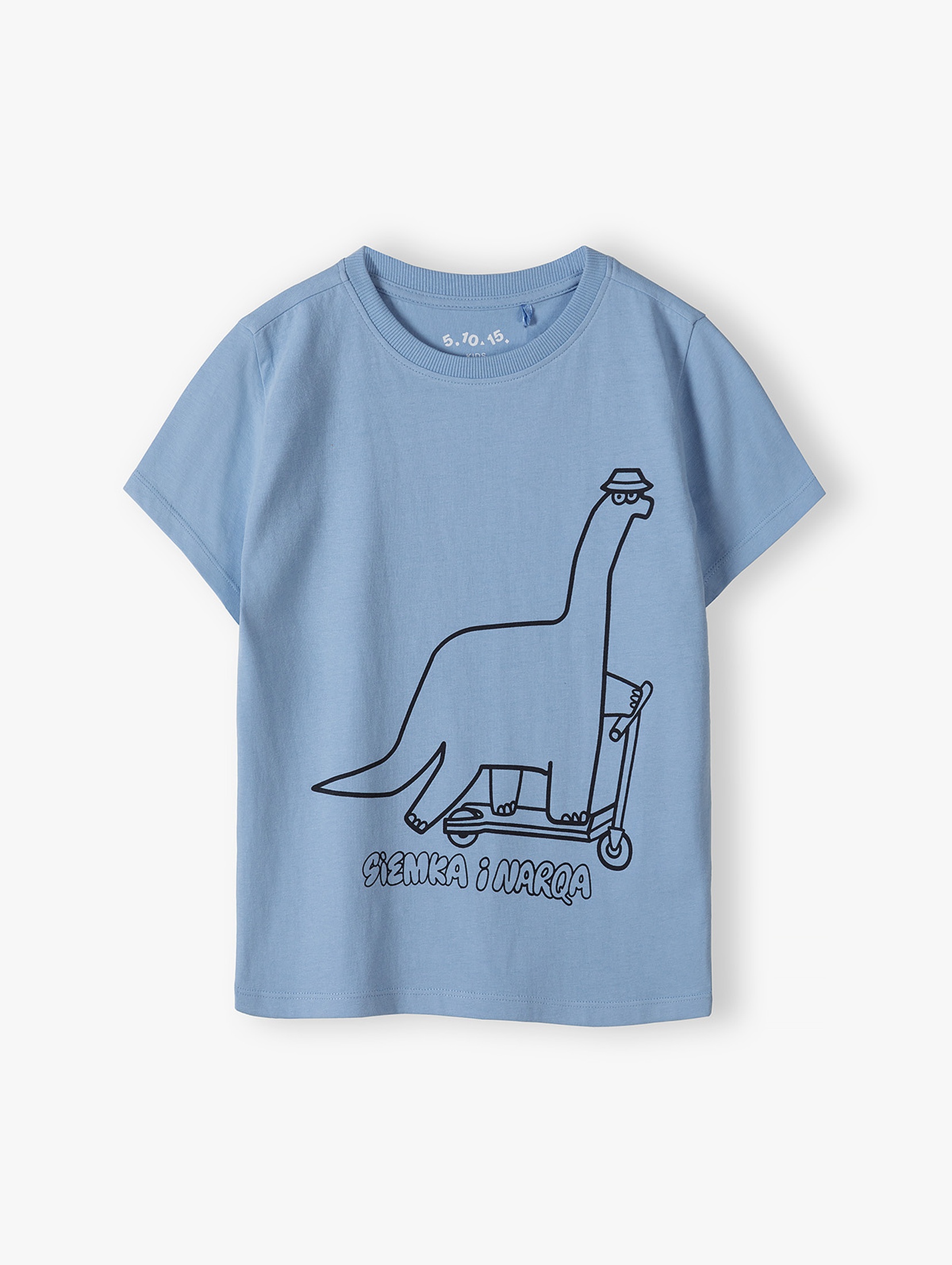 Niebieski t-shirt z dinozaurem i zabawnym napisem - 5.10.15.
