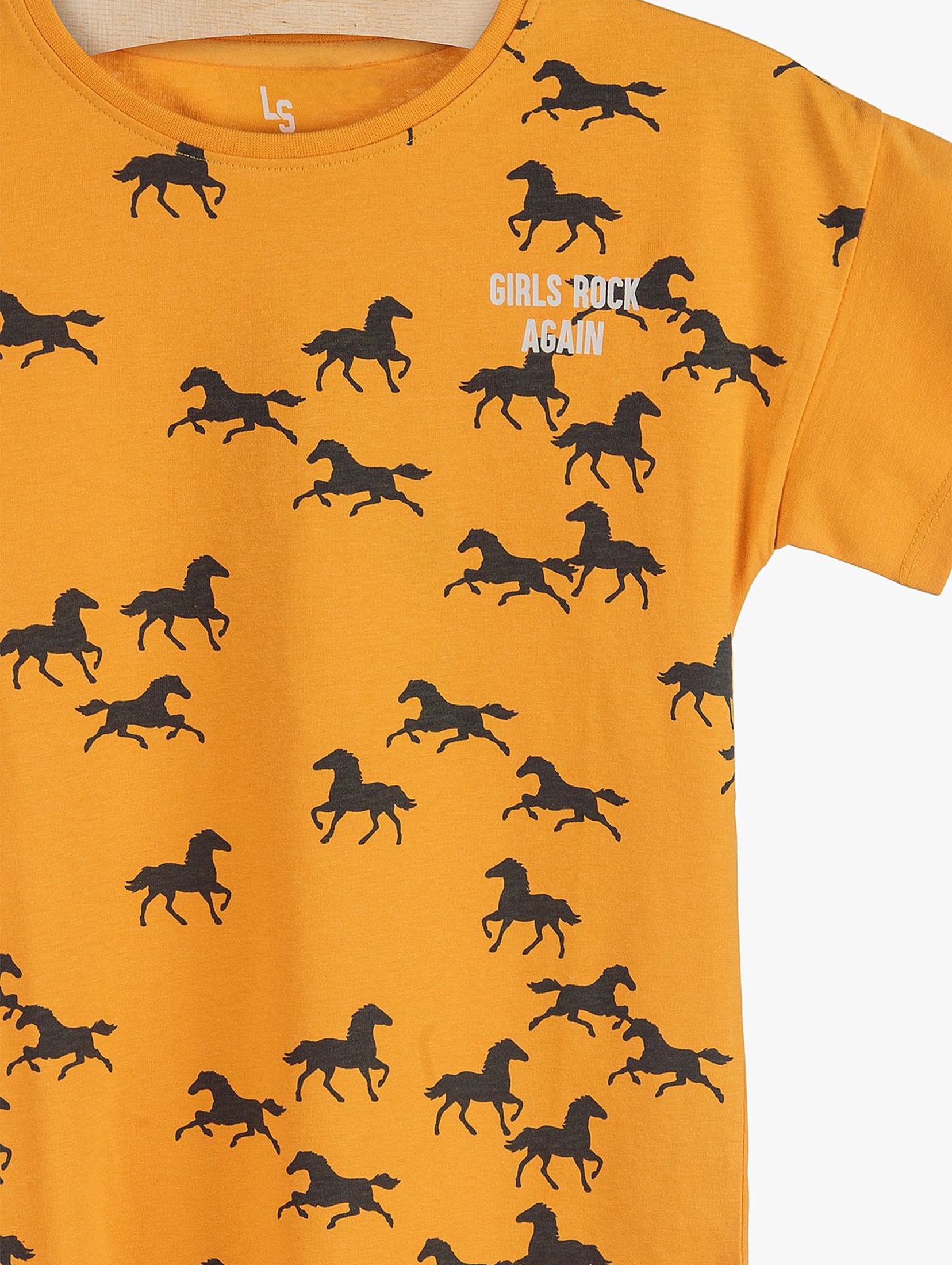 T-shirt dziewczęcy z frędzlami- żółty w konie