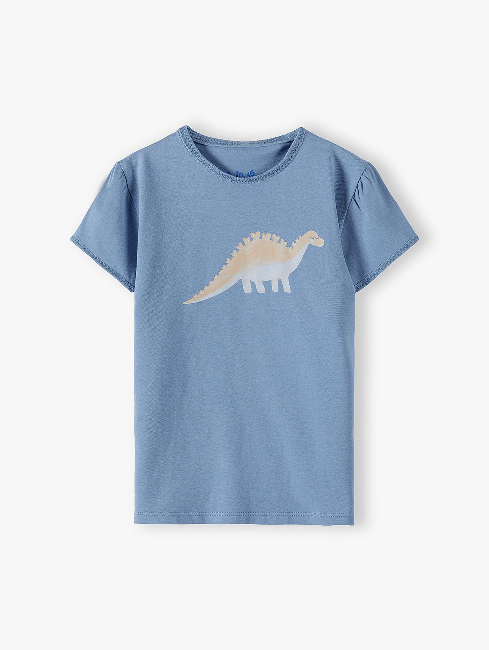 Bawełniany niebieski t-shirt dziewczęcy z dinozaurem