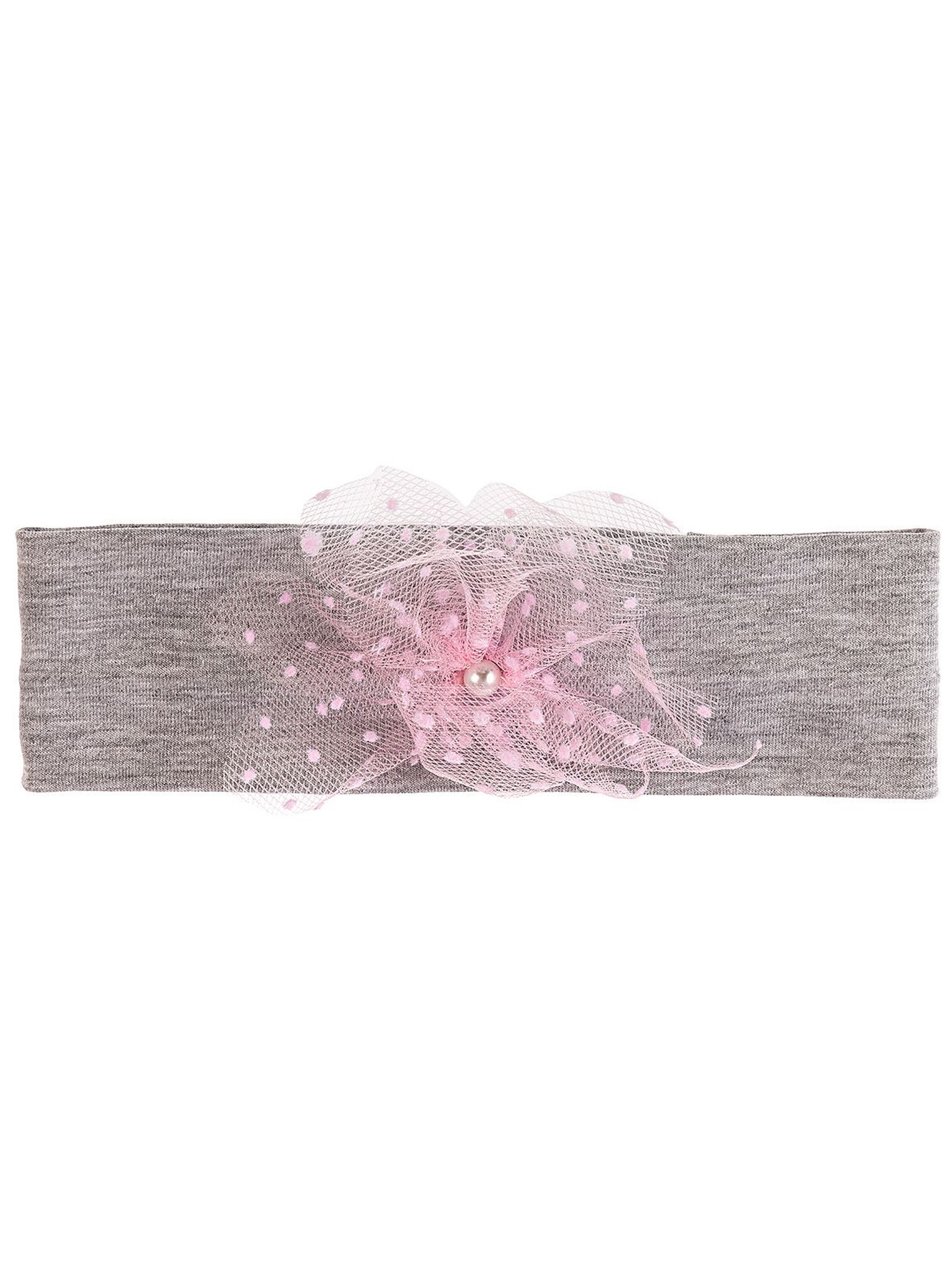 Opaska dzianinowa na głowę- szara z różową kokardką