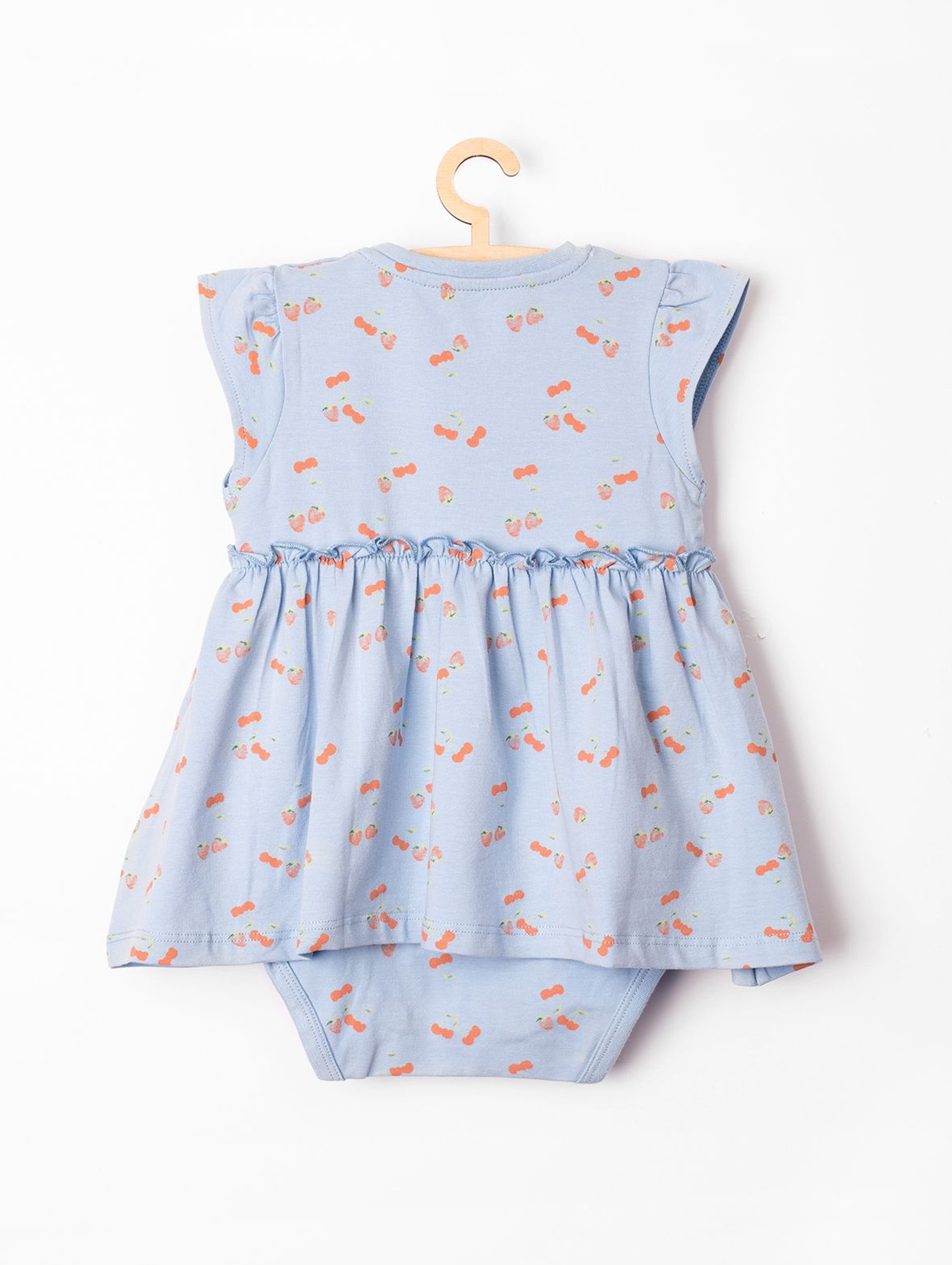 Body niemowlęce z imitacją sukienki- niebieskie w wisienki i truskawki