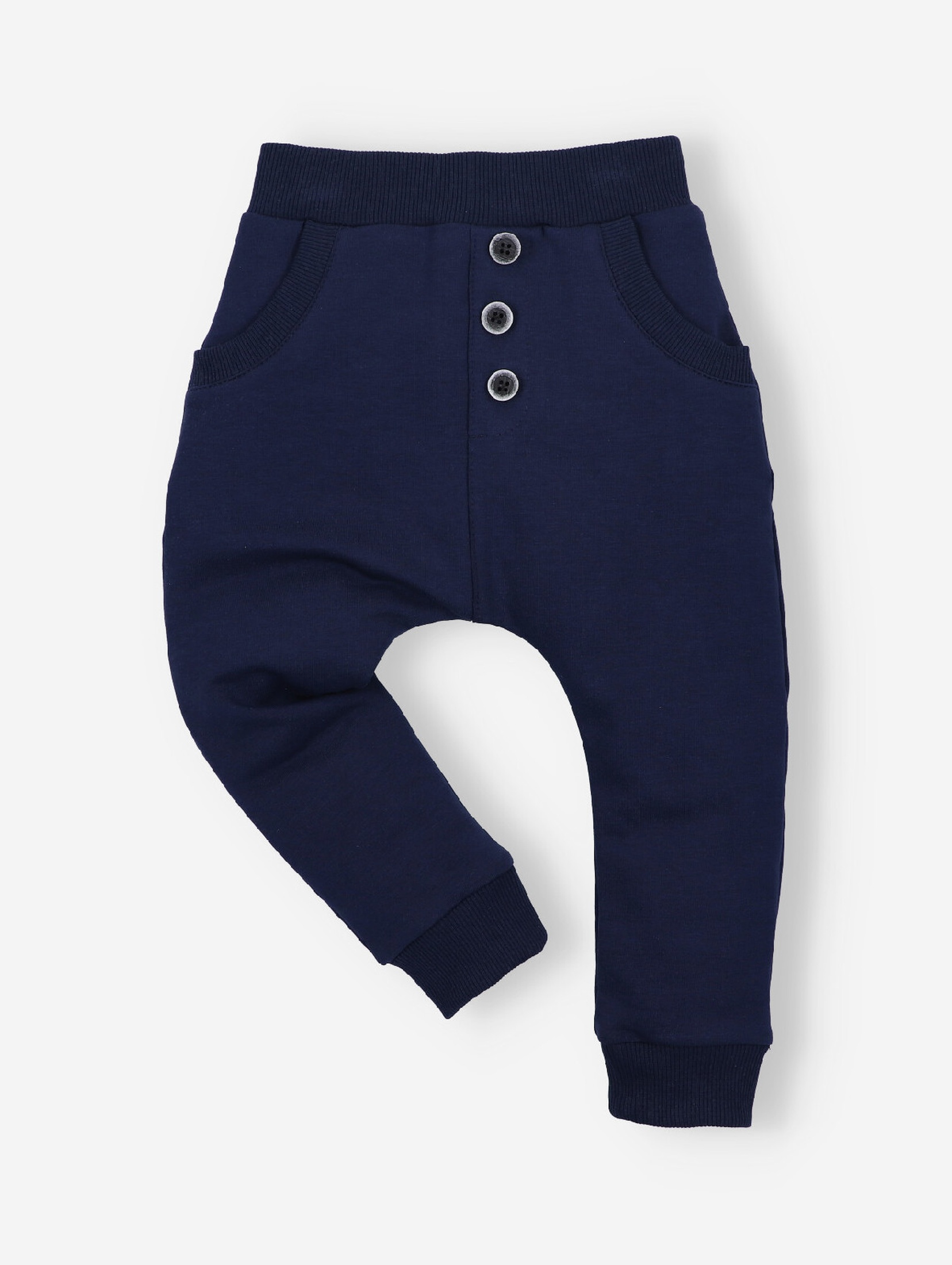 Granatowe spodnie niemowlęce z bawełny organicznej dla chłopca