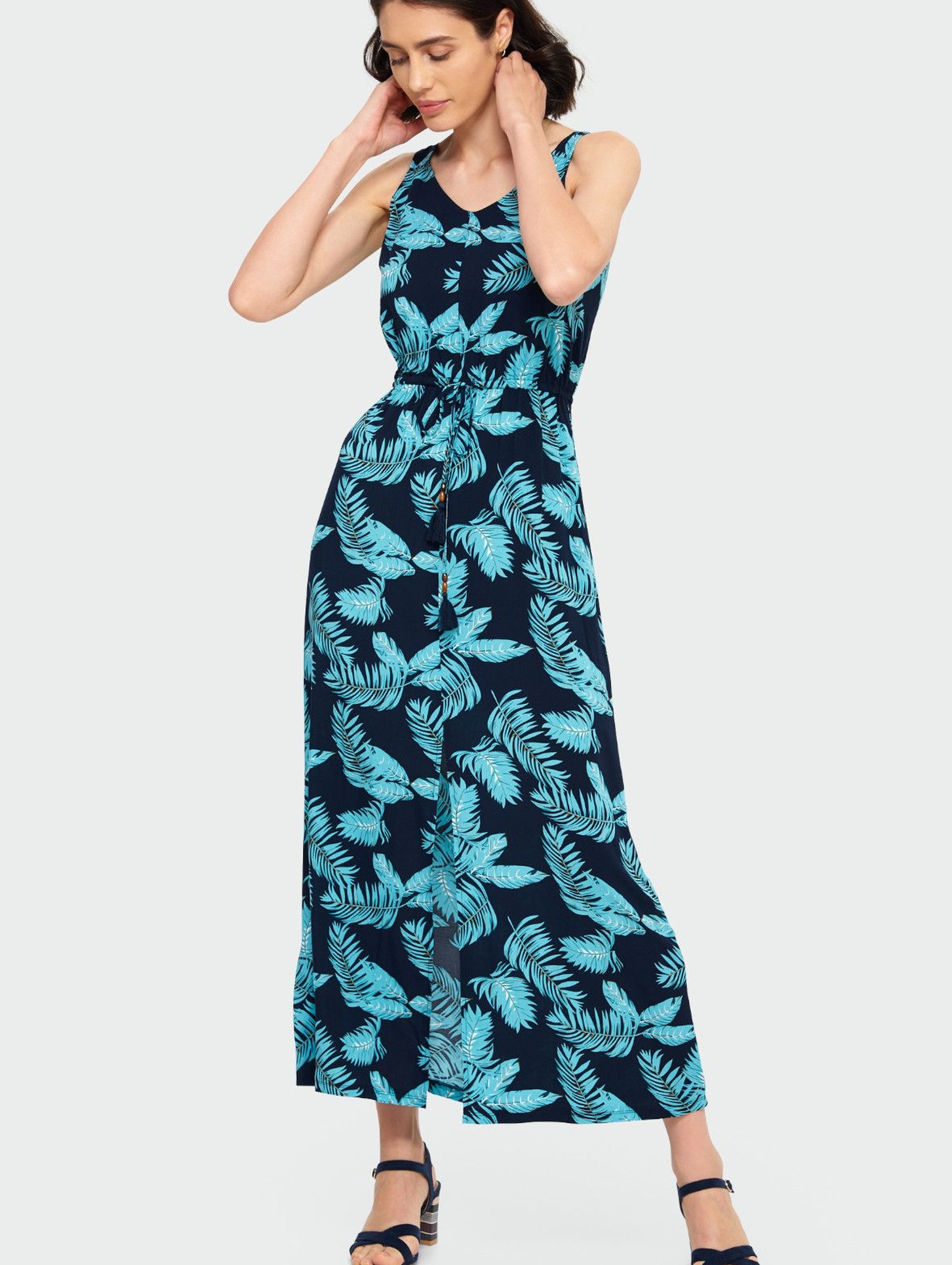 Granatowa długa sukienka damska z wiskozy - wzór liście