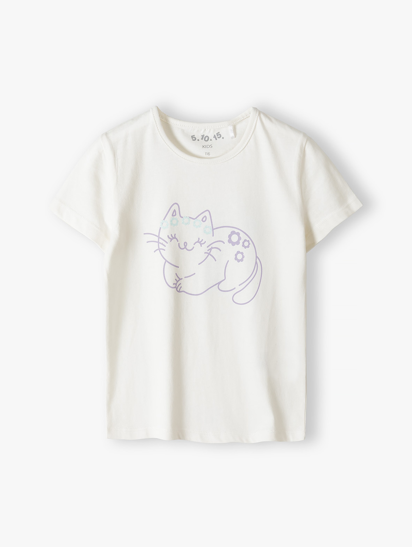 T-shirt dziewczęcy dzianinowy z kotkiem - ecru 5.10.15.
