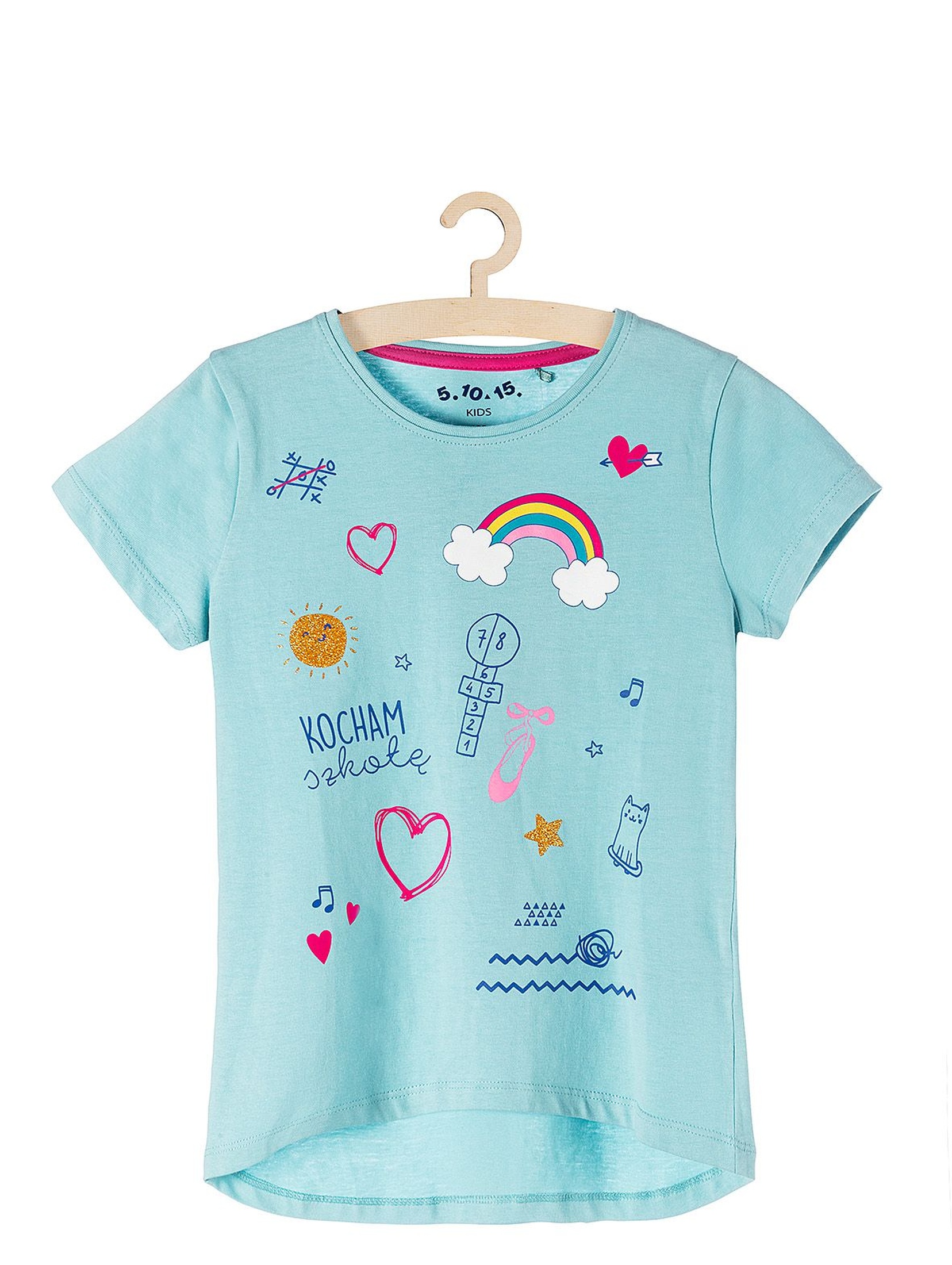 T-shirt dla dziewczynki niebieski z kolorowymi nadrukami