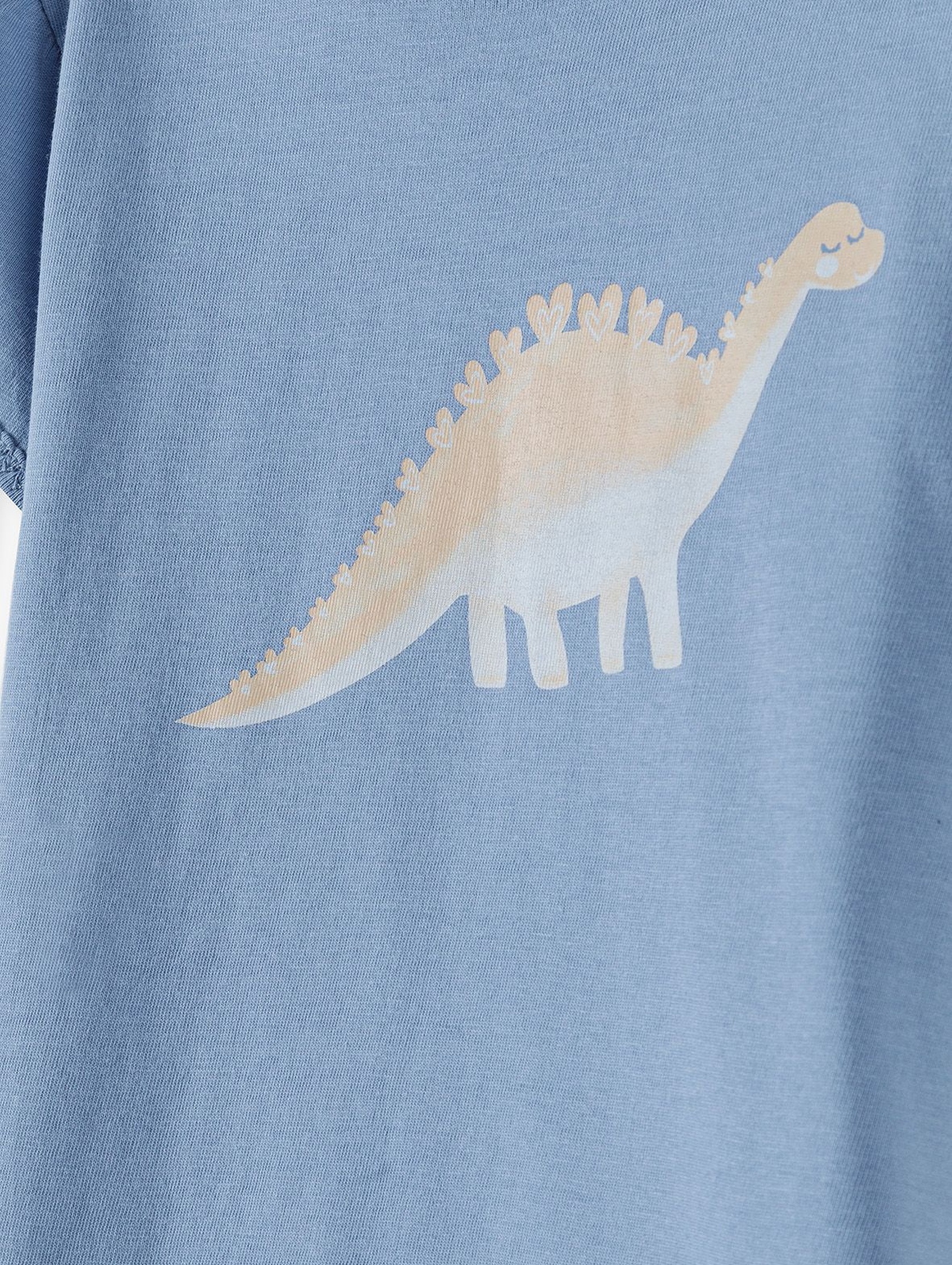 Bawełniany niebieski t-shirt dziewczęcy z dinozaurem