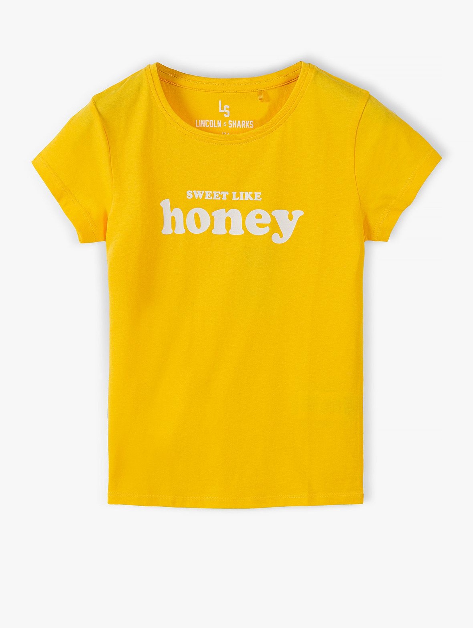 Żółty bawełniany t- shirt dziewczęcy z napisem - Sweet like honey