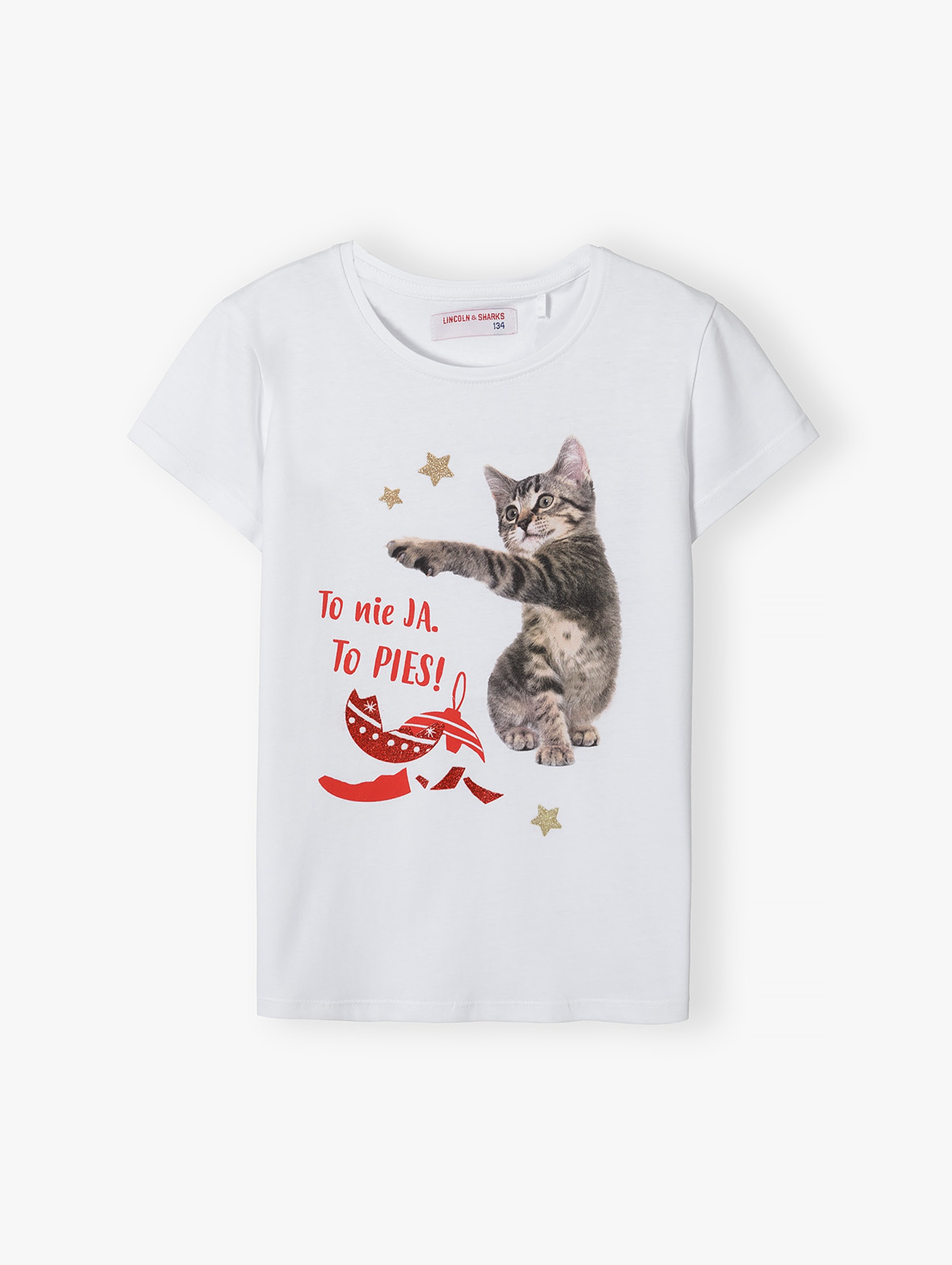 Biała koszulka dziewczęca z kotkiem