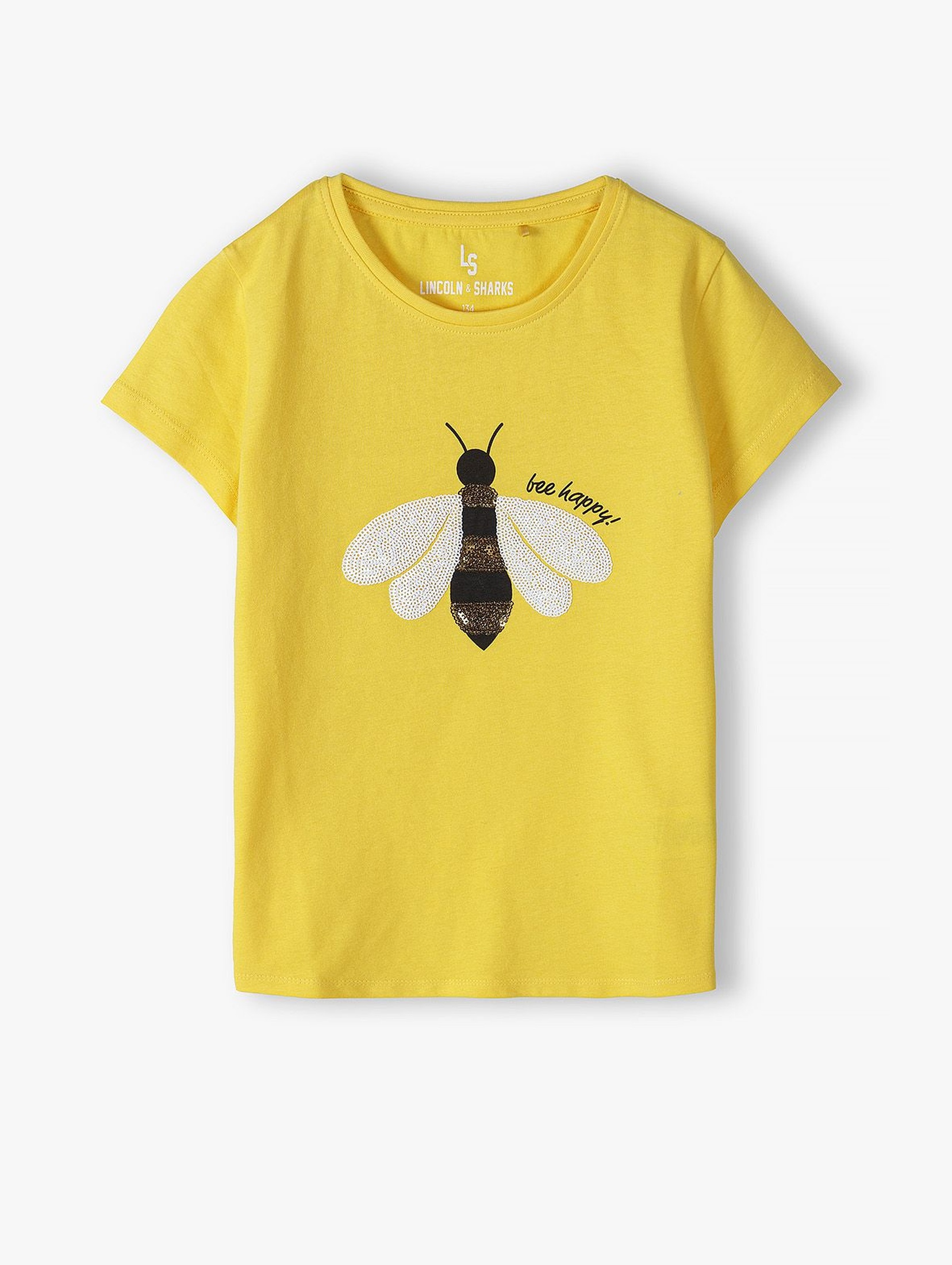 Bawełniany T- shirt dziewczęcy z cekinową pszczółą - żółty