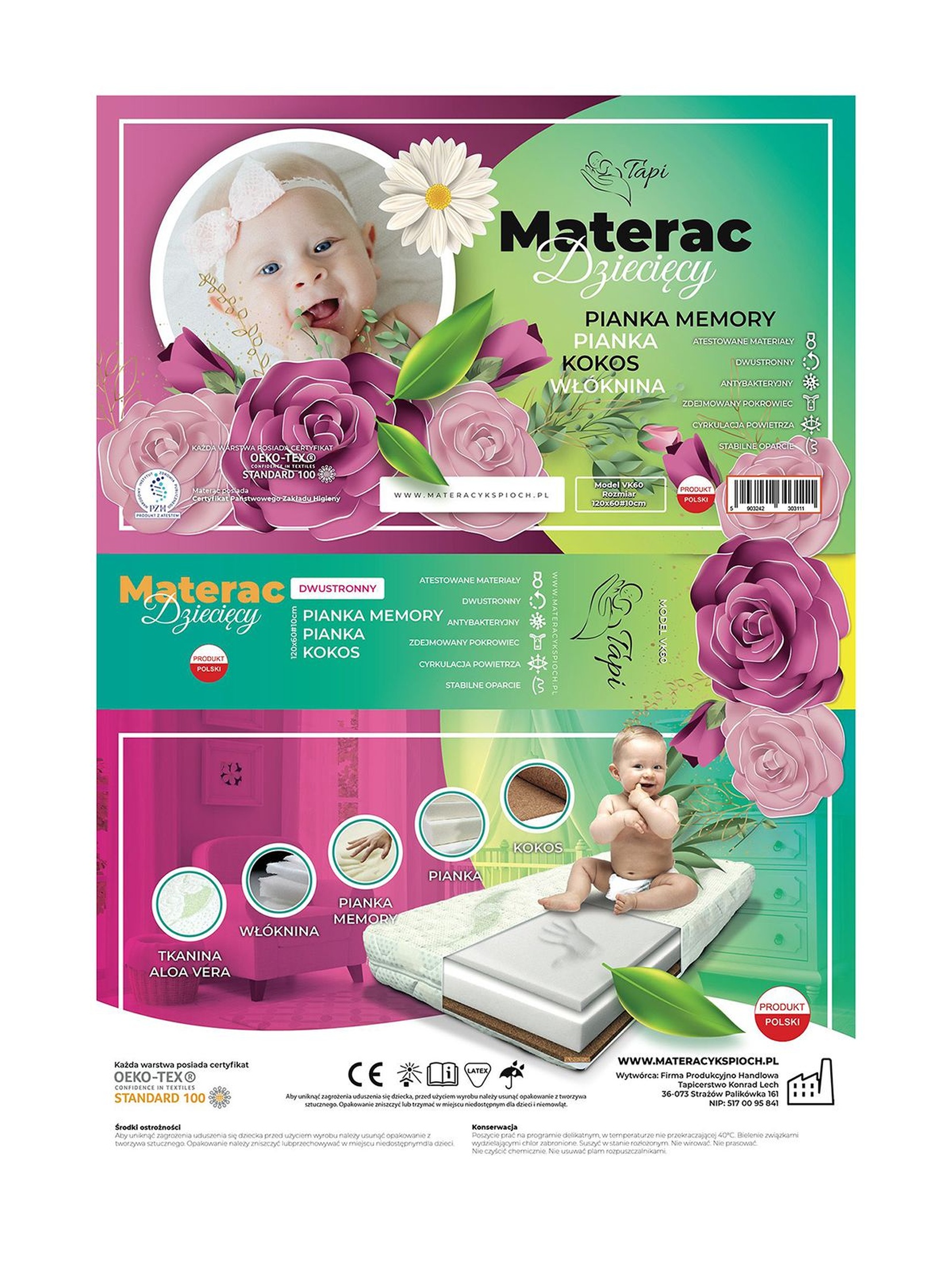 Materac dwustronny dziecięcy Visco-Memory Pianka Kokos 120x60x10 cm