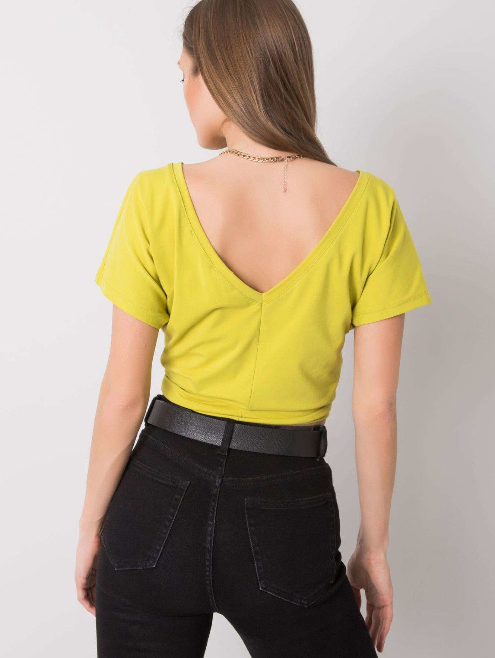 T-shirt damski z dekoltem z tyłu limonkowy