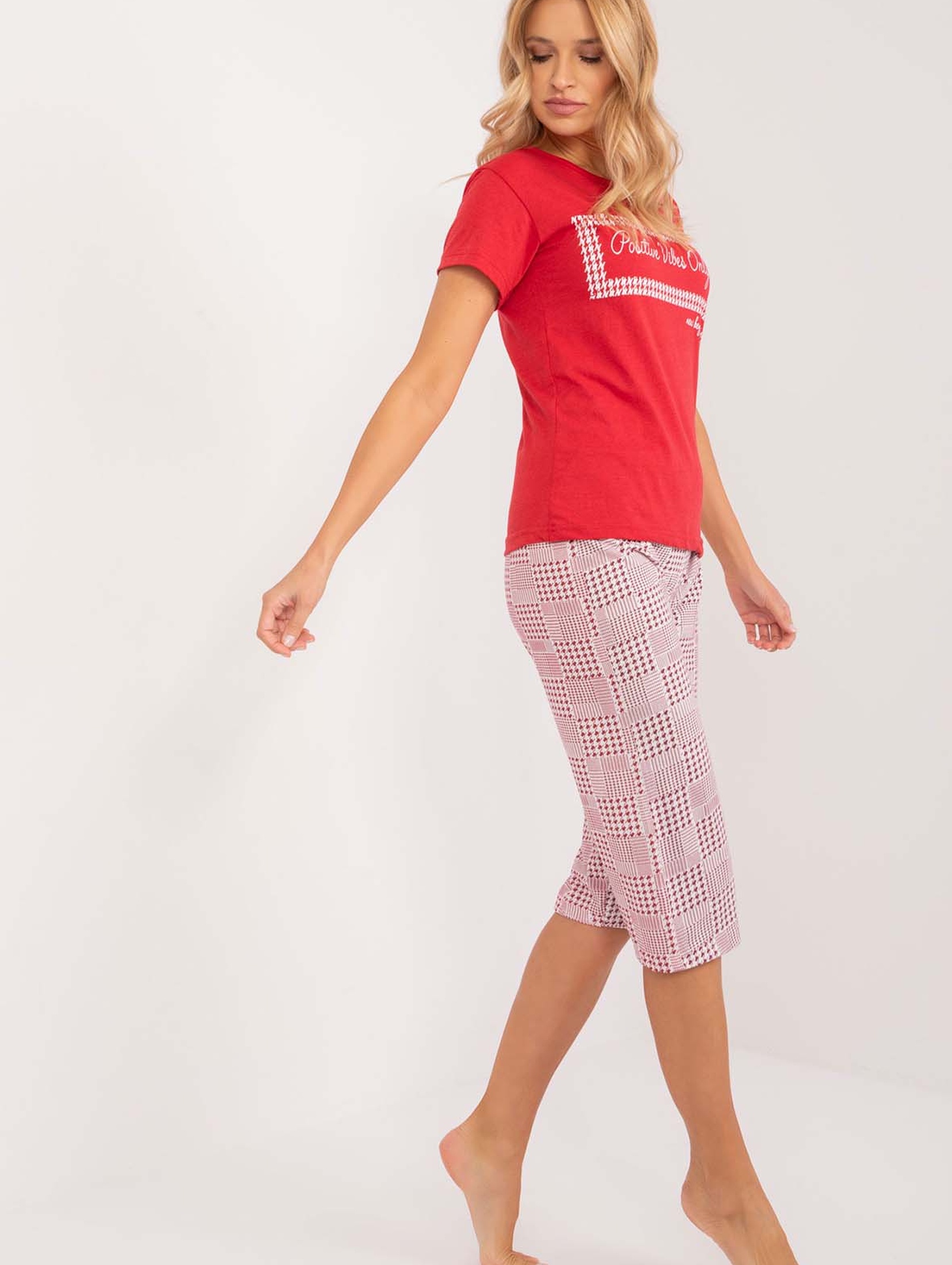 Damska czerwona piżama z bawełny z krótkim rękawem