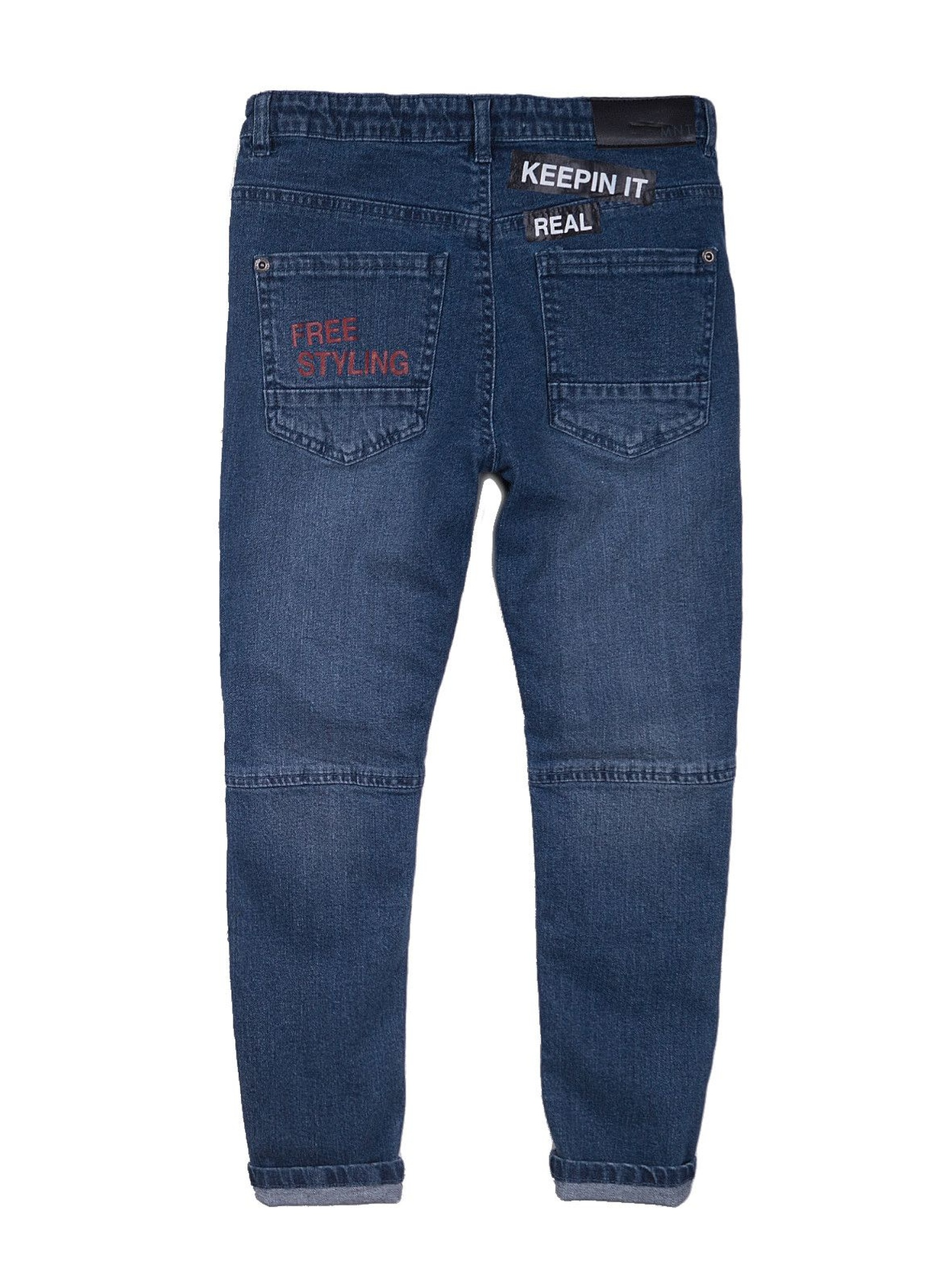 Spodnie chłopięce jeansowe z ozdobnym nadrukiem