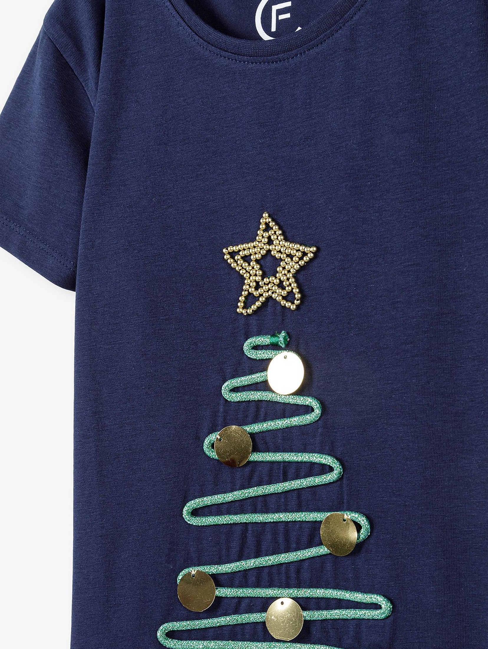 Granatowy świąteczny t-shirt dziewczęcy  z choinką