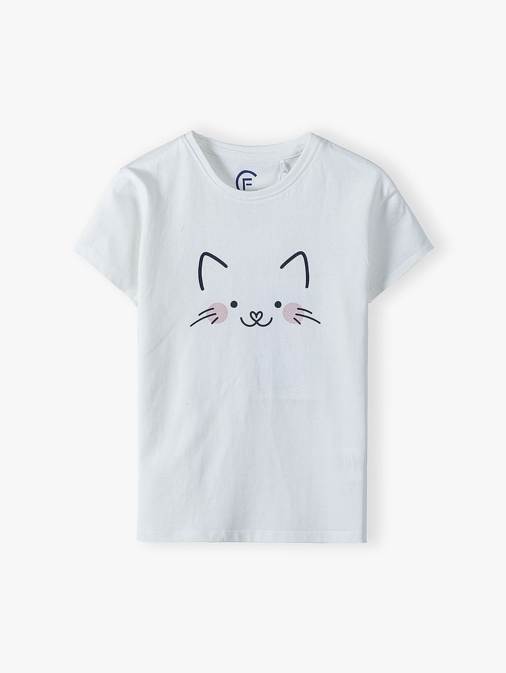 Biały dzianinowy t-shirt z kotem