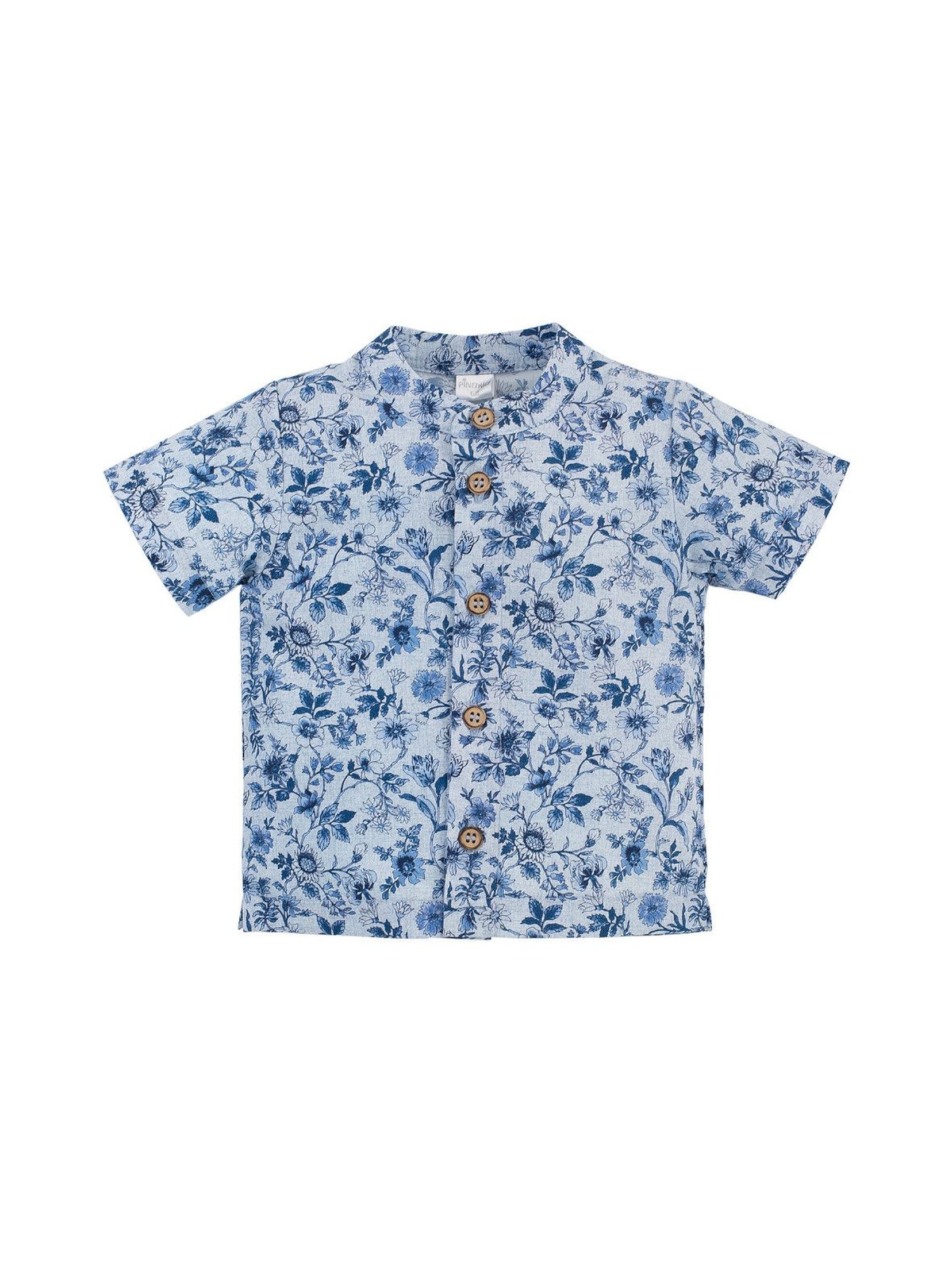 Bawełniana niebieska koszula chłopięca na krótki rękaw w kwiatki
