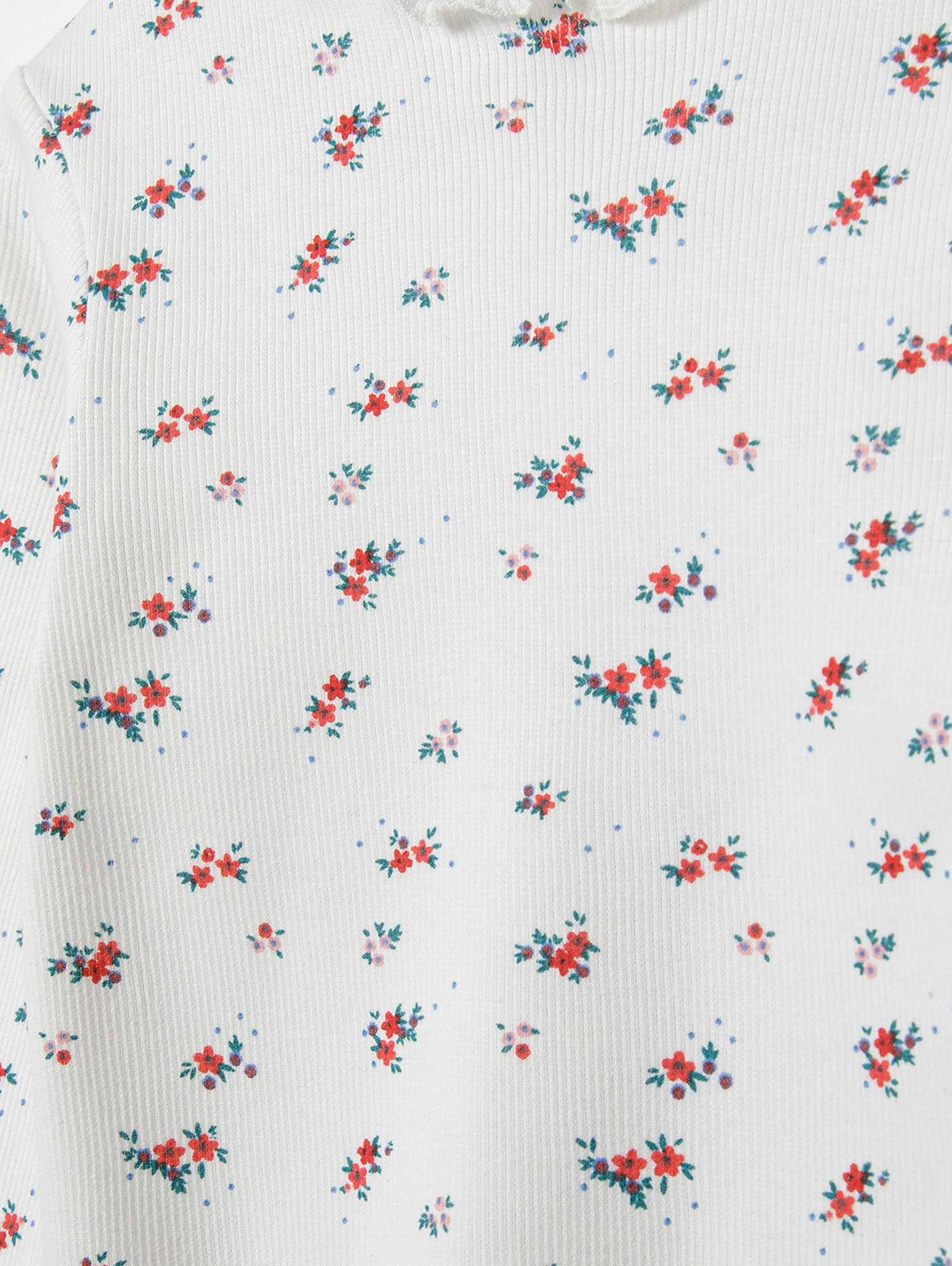 Bluzka dla dziewczynki z dzianiny prążkowanej w kwiatki- ecru