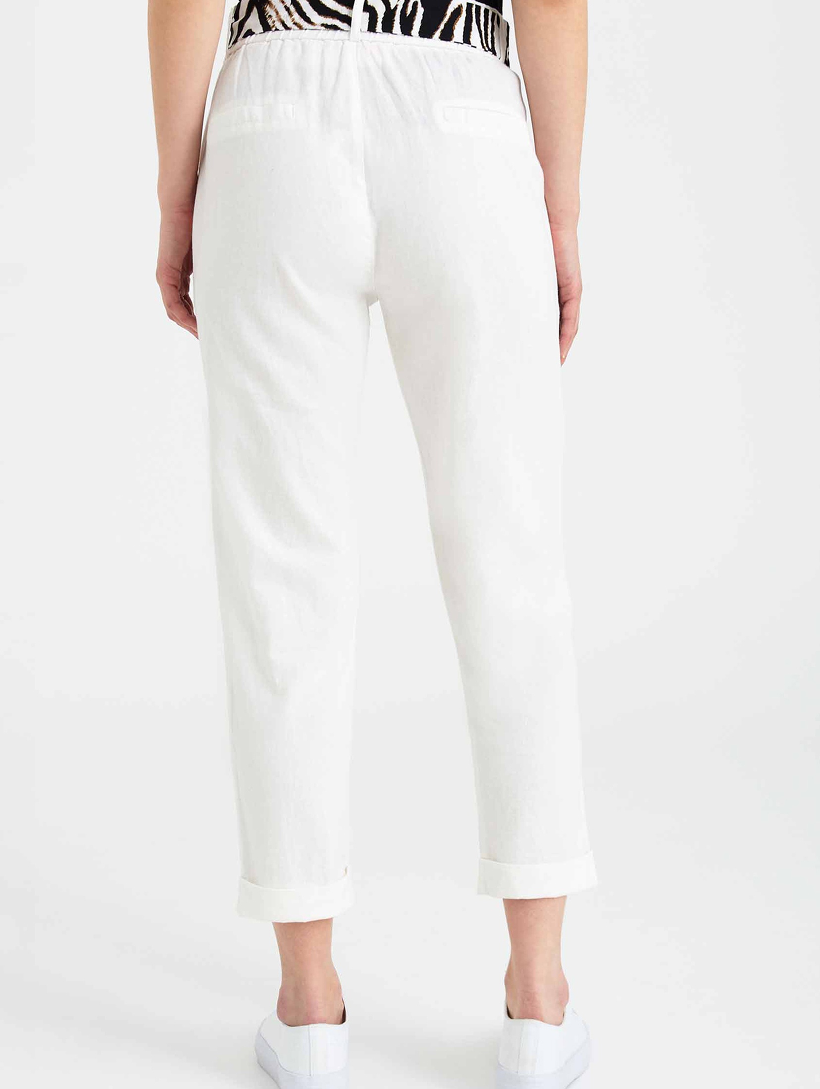 Lniane Spodnie damskie z ozdobnym wiązaniem białe