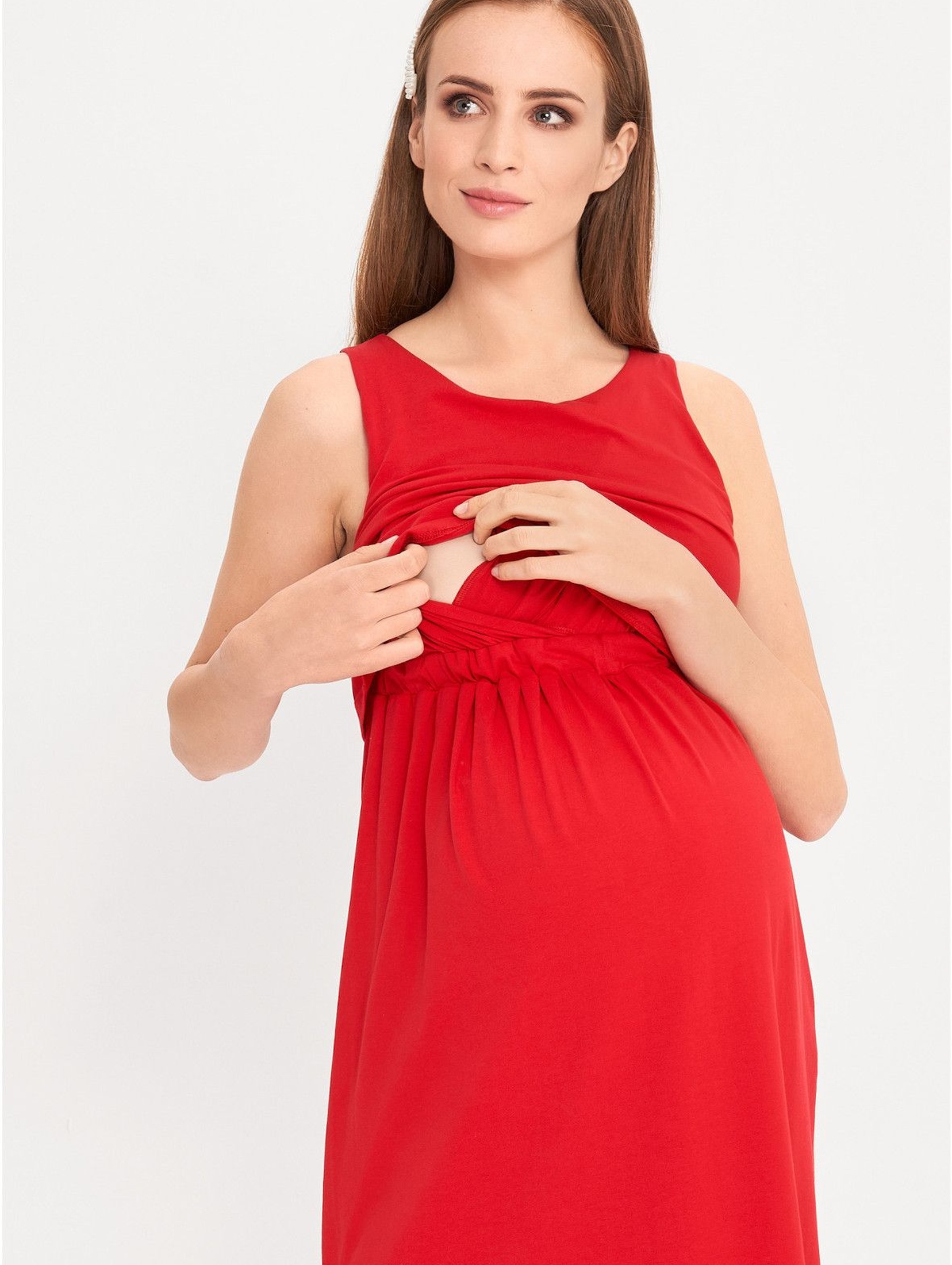 Czerwona sukienka ciążowa i dla karmiącej Maxi