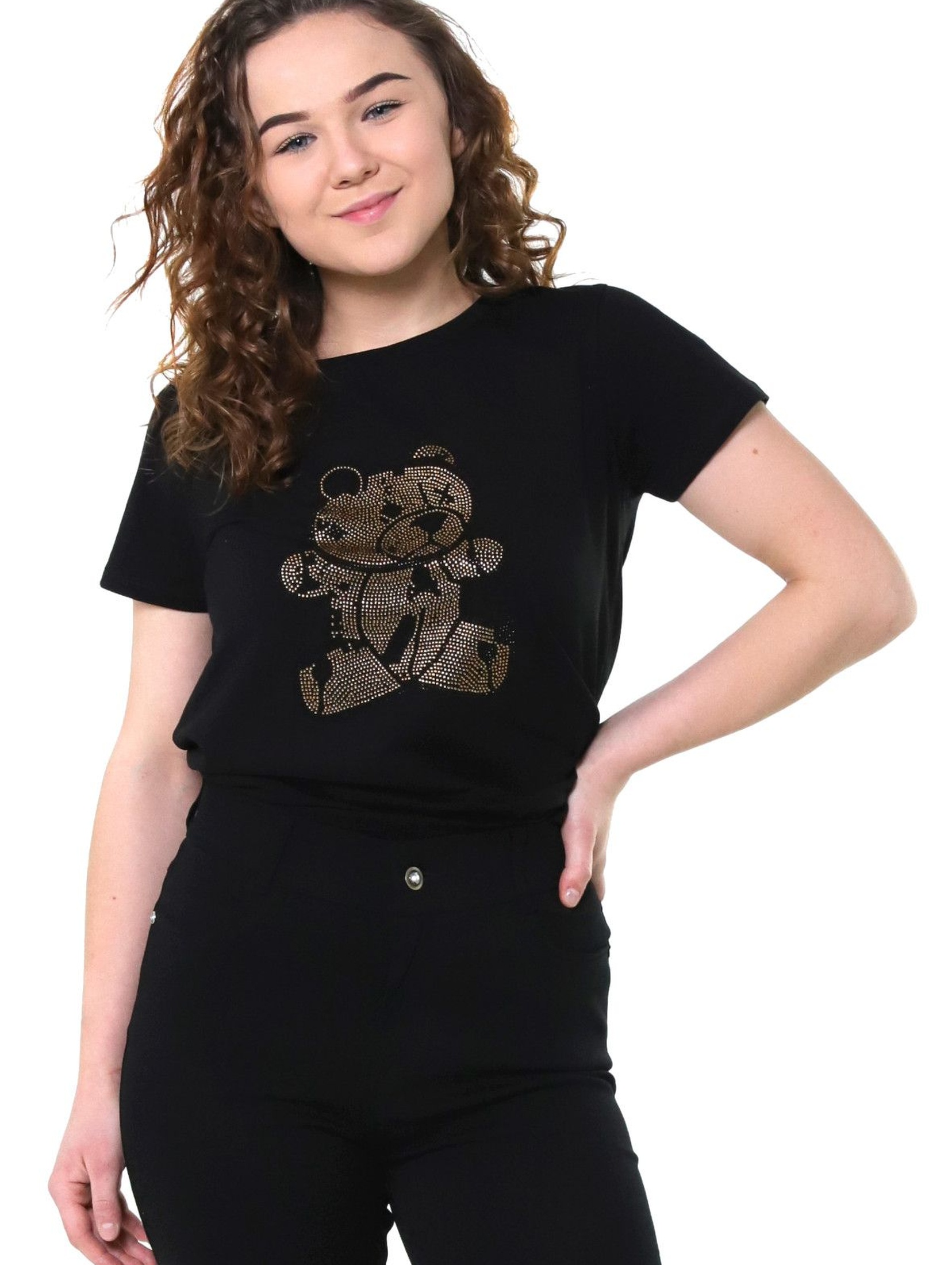 T-shirt damski czarny- Miś z cekinów
