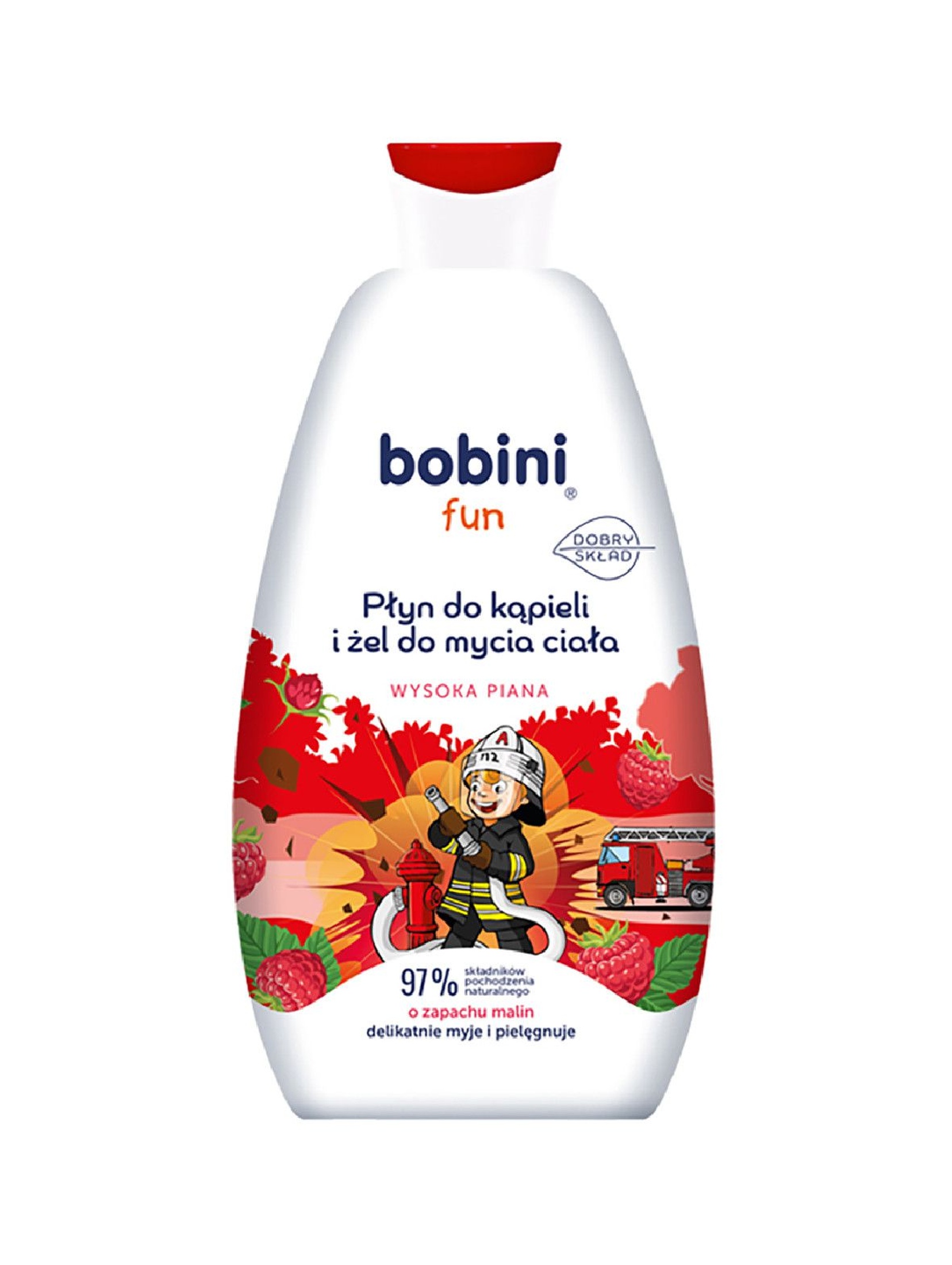 BOBINI Fun Płyn do kąpieli i żel do mycia - o zapachu malin - Wysoka piana 500 ml