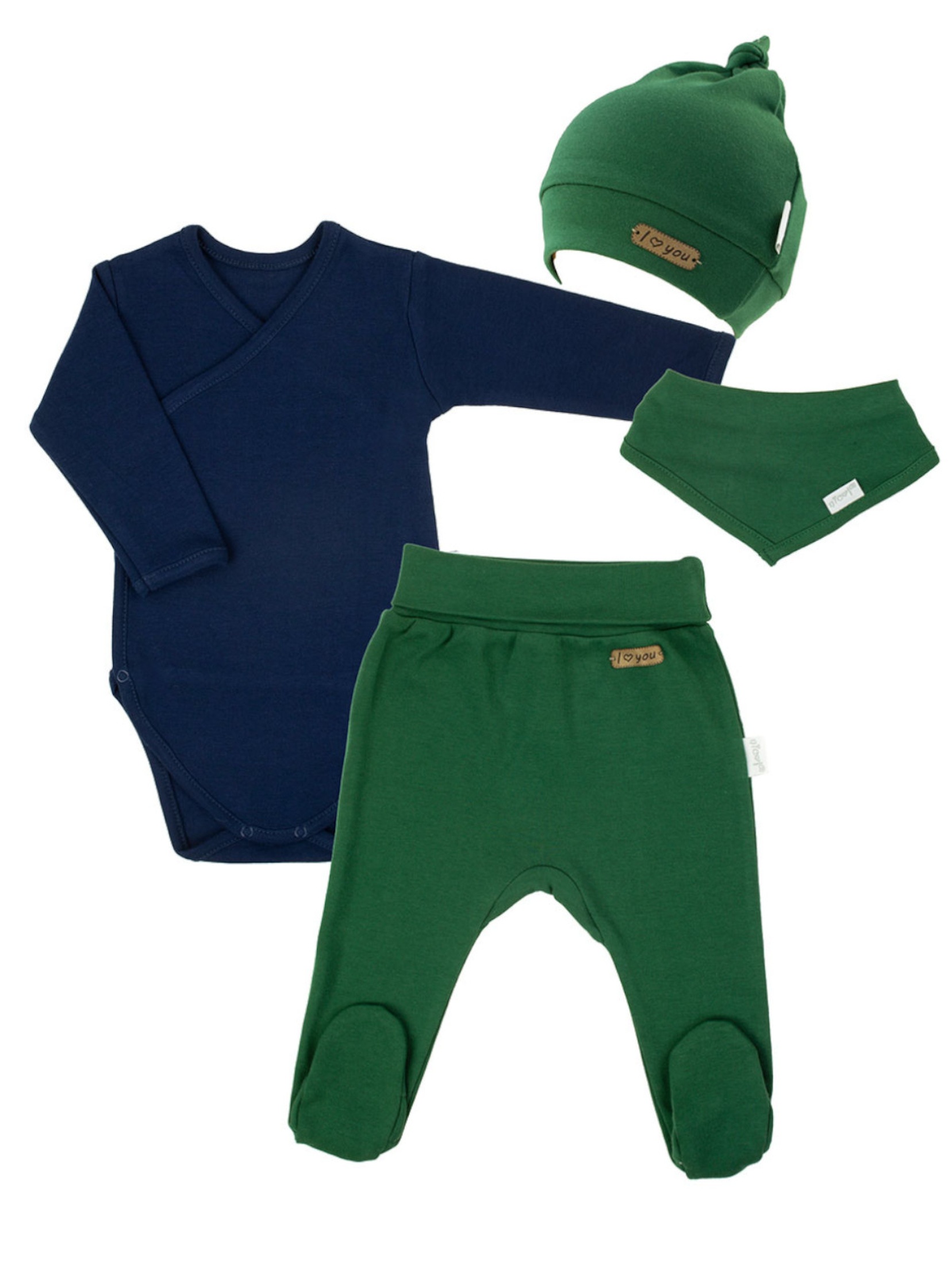 Komplet niemowlęcy body + półśpiochy + czapka i apaszka zielony